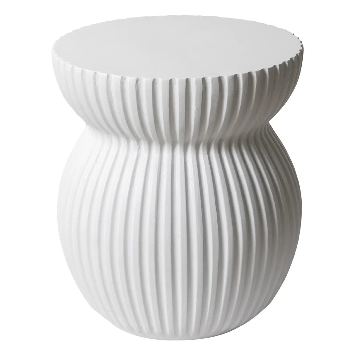 Leisuremod Side Table White Mander Fiberstone Side Table with Ribbed Hourglass Design for Indoor and Outdoor