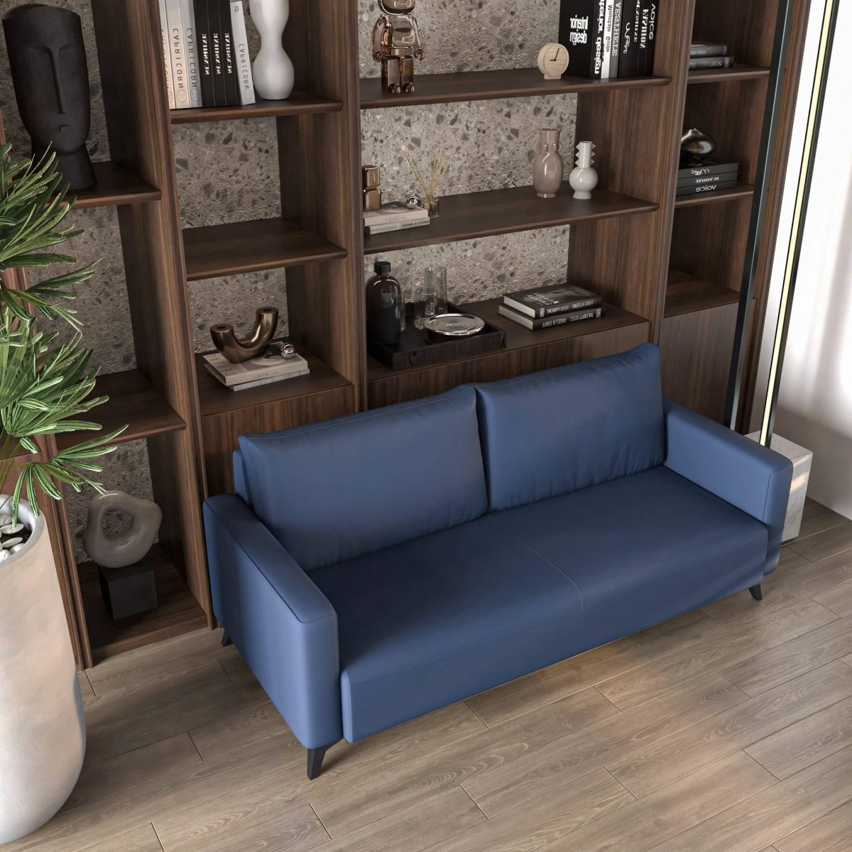 Inno 3-Seater Leather Wide Sofa with Stainless Steel Legs and Removable Cushions Dark Blue Sofa Leisuremod
