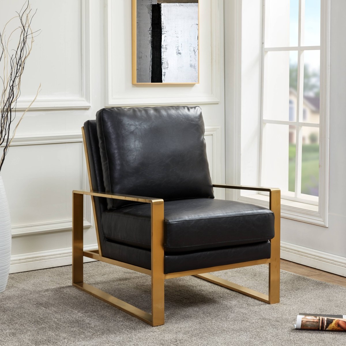 Leisuremod Sofa Jefferson Single-Seater Sofa Upholstered in Velvet/Leather and Gold/Silver Metal Frame