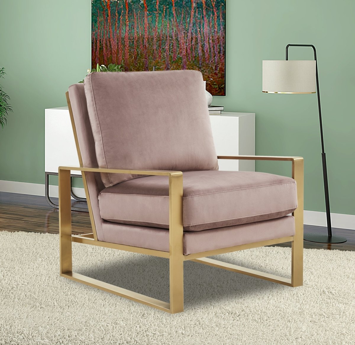 Leisuremod Sofa Jefferson Single-Seater Sofa Upholstered in Velvet/Leather and Gold/Silver Metal Frame