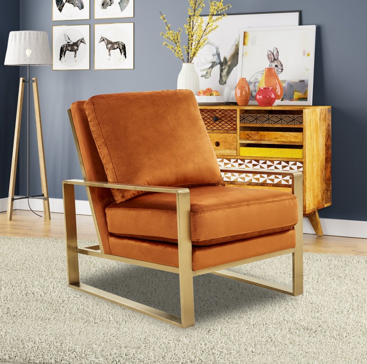 Leisuremod Sofa Jefferson Single-Seater Sofa Upholstered in Velvet/Leather and Gold/Silver Metal Frame