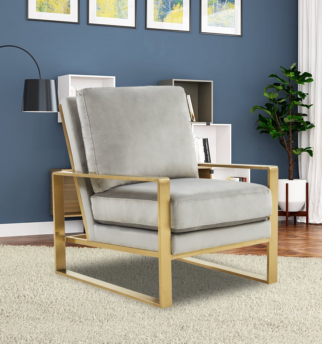 Leisuremod Sofa Jefferson Single-Seater Sofa Upholstered in Velvet/Leather and Gold/Silver Metal Frame