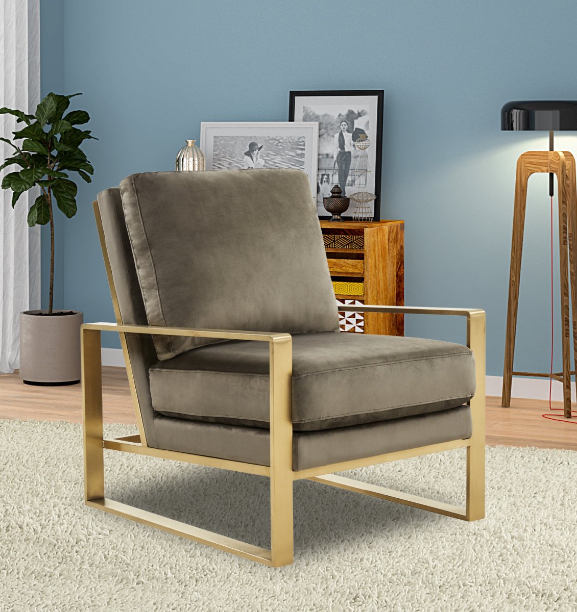 Leisuremod Sofa Jefferson Single-Seater Sofa Upholstered in Velvet/Leather and Gold/Silver Metal Frame