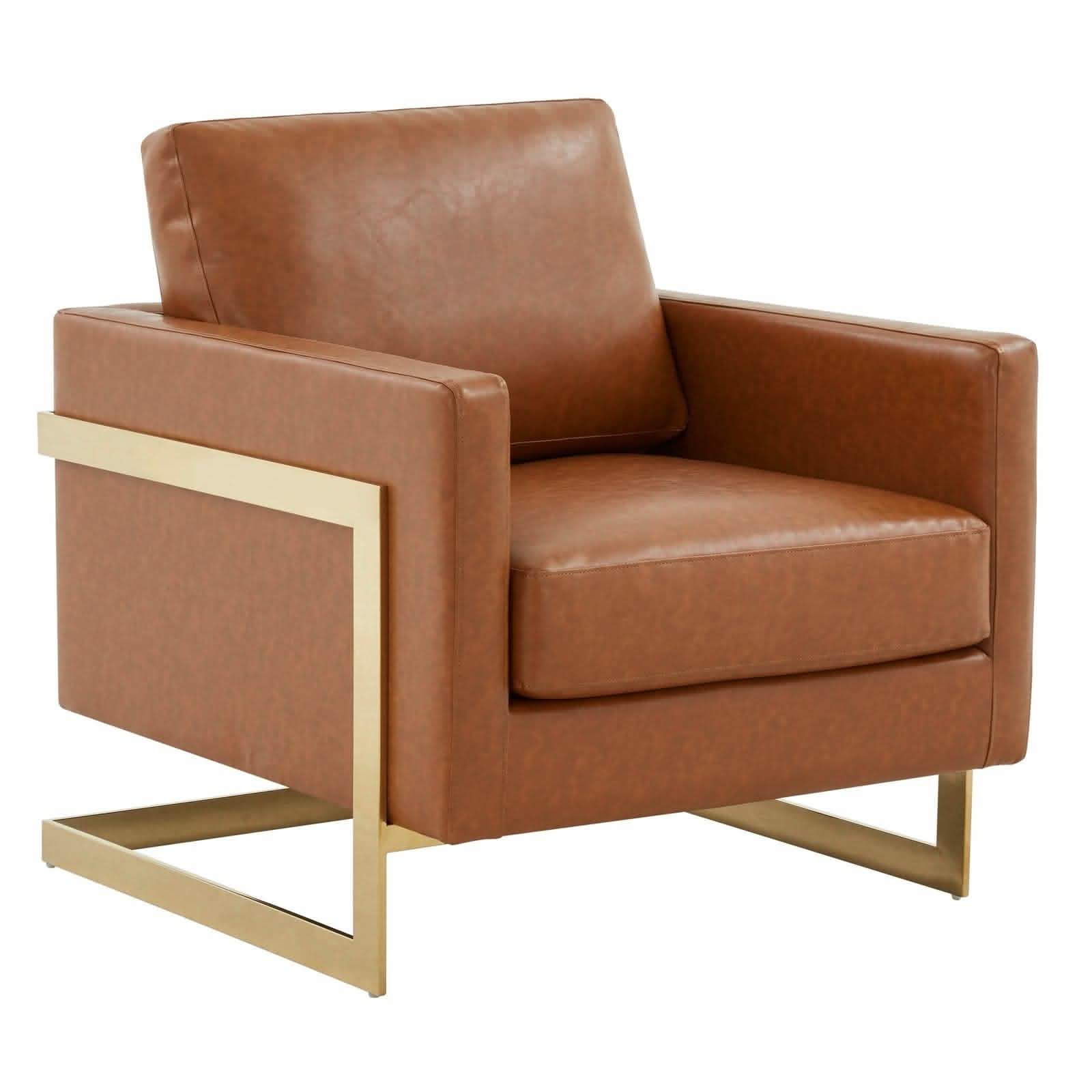 Leisuremod Sofa Leather / Gold / Cognac Tan Lincoln Modern Upholstered in Fabric Accent Armchair With Gold/Black/White Metal Frame