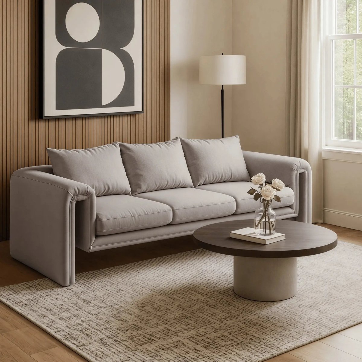LeisureMod Sofa Light Brown Ely Three-Seater Sofa Upholstered in Linen with Iron Frame and Removable Cushions