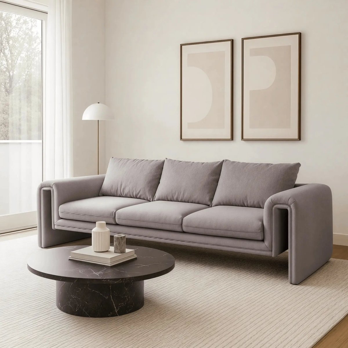 LeisureMod Sofa Light Brown Ely Three-Seater Sofa Upholstered in Linen with Iron Frame and Removable Cushions