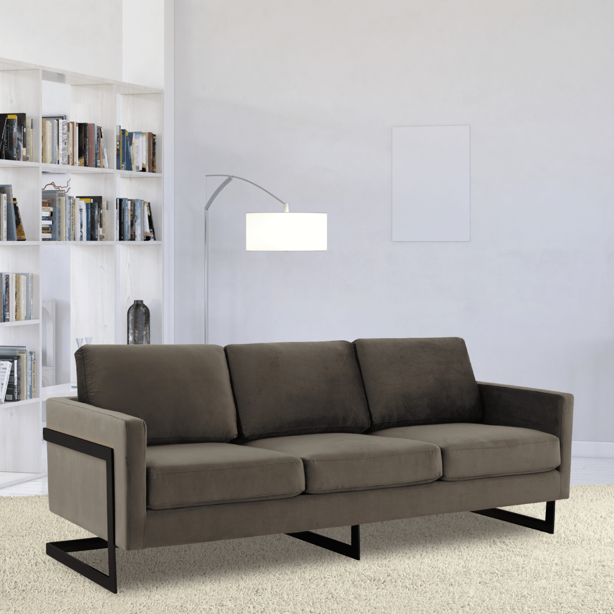 Lincoln 3-Seater Sofa Upholstered in Velvet/Leather with Black/Silver/Gold Steel Base Velvet Black Dark Grey Sofa LeisureMod