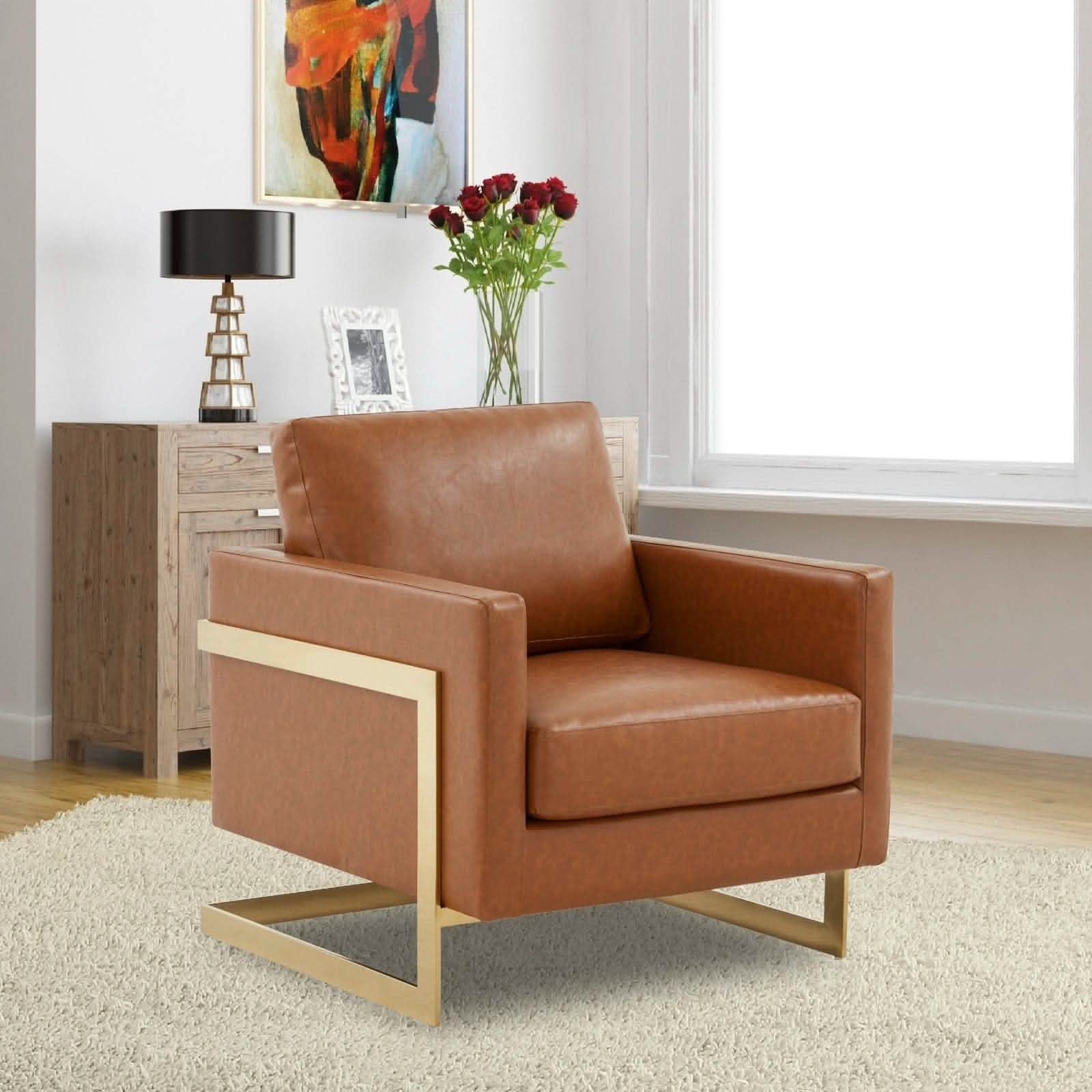 Leisuremod Sofa Lincoln Modern Upholstered in Fabric Accent Armchair With Gold/Black/White Metal Frame
