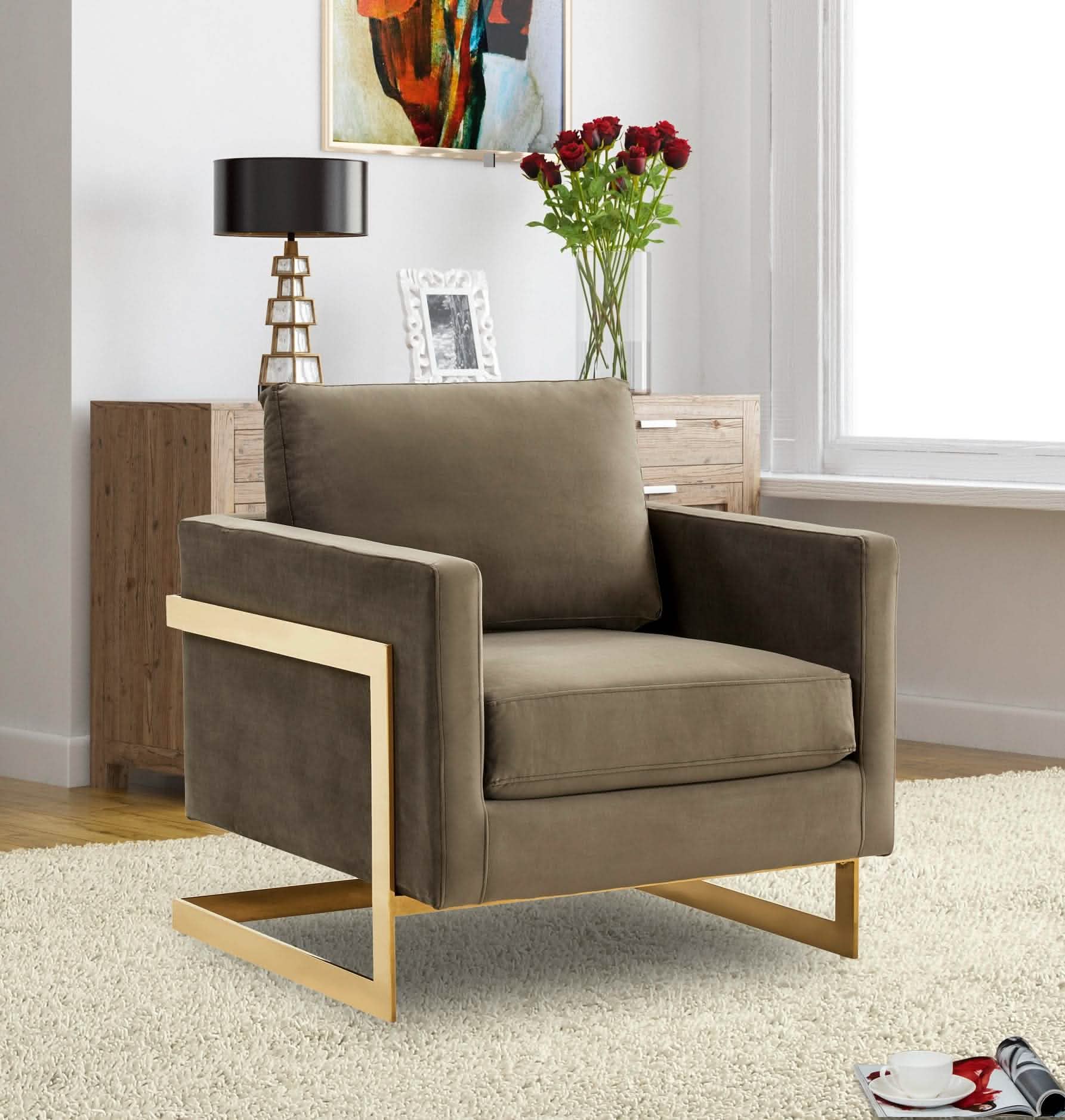 Leisuremod Sofa Lincoln Modern Upholstered in Fabric Accent Armchair With Gold/Black/White Metal Frame