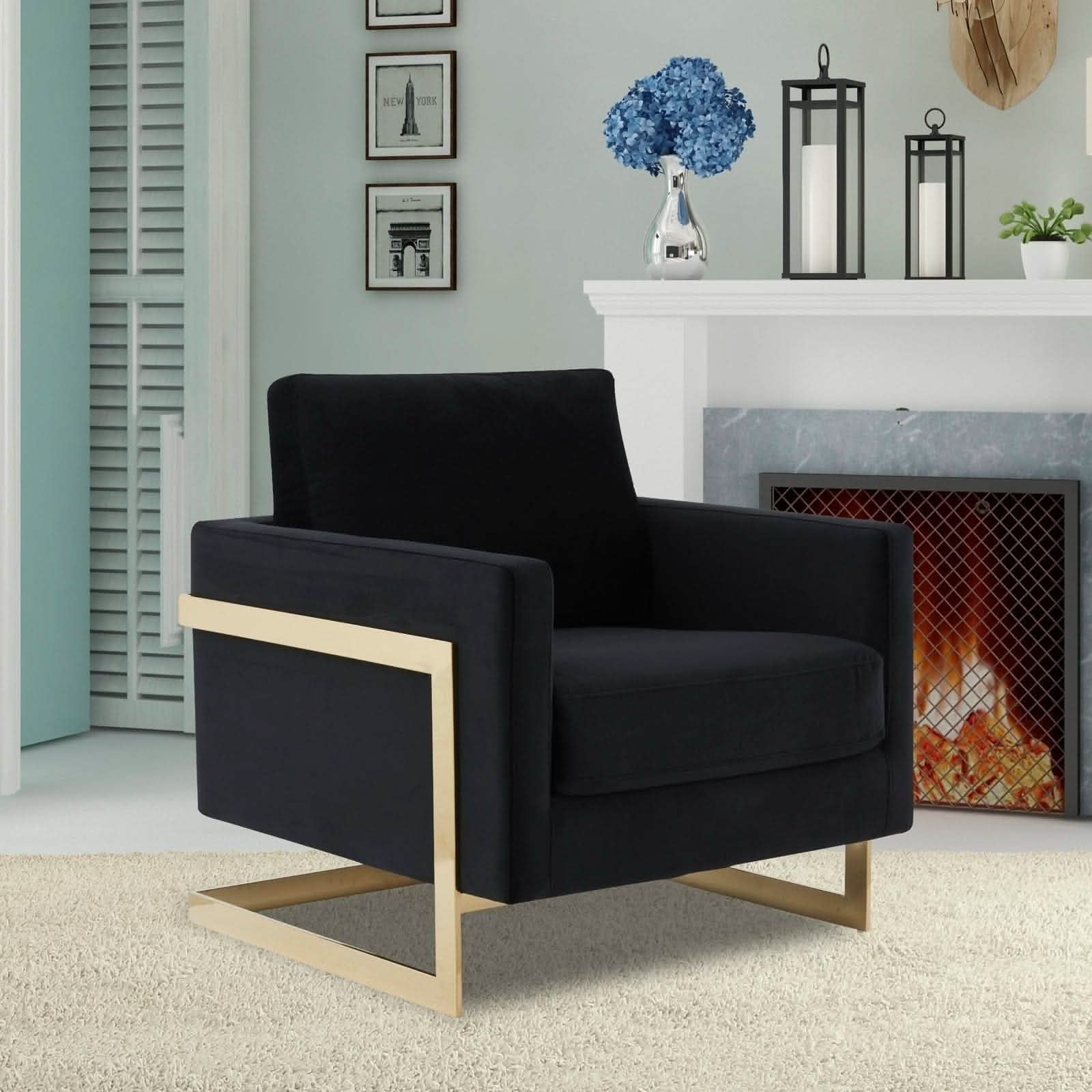 Leisuremod Sofa Lincoln Modern Upholstered in Fabric Accent Armchair With Gold/Black/White Metal Frame