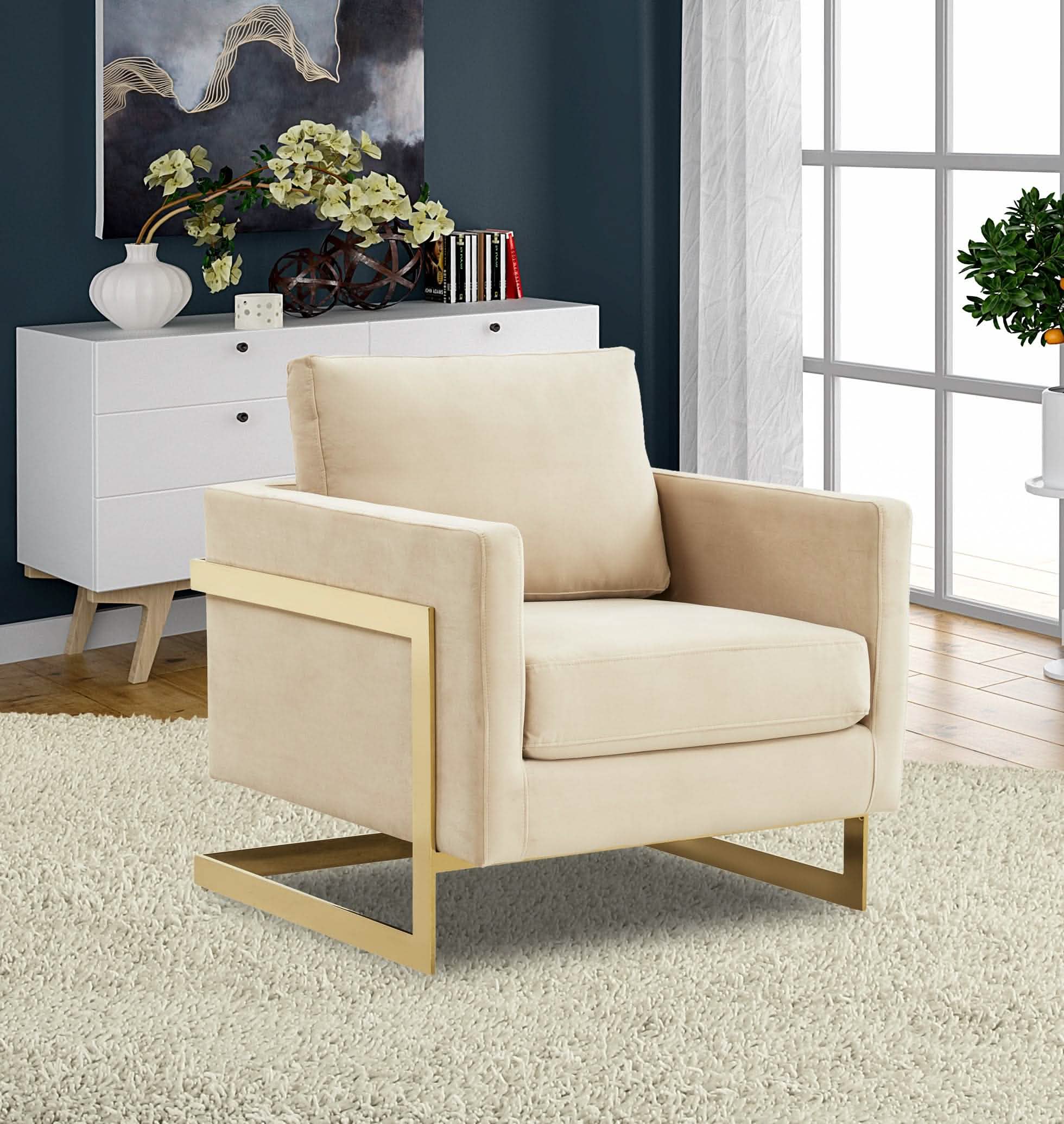 Leisuremod Sofa Lincoln Modern Upholstered in Fabric Accent Armchair With Gold/Black/White Metal Frame