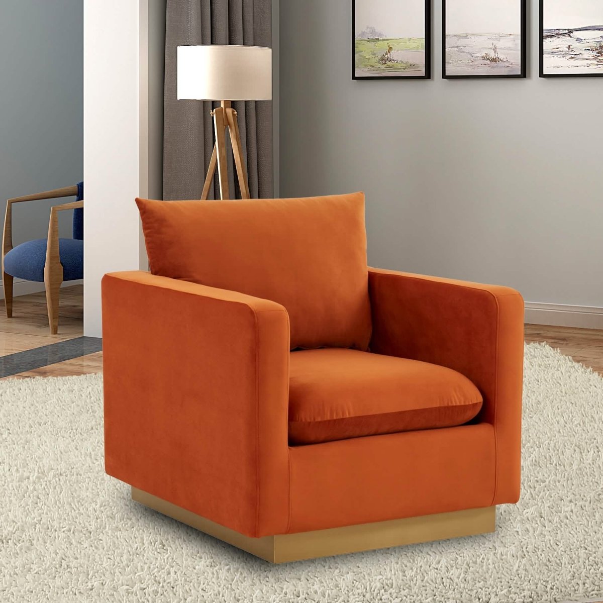 Nervo Upholstered in Velvet/Leather Singe-Seater Sofa with Gold Base Velvet Light Grey Sofa Leisuremod