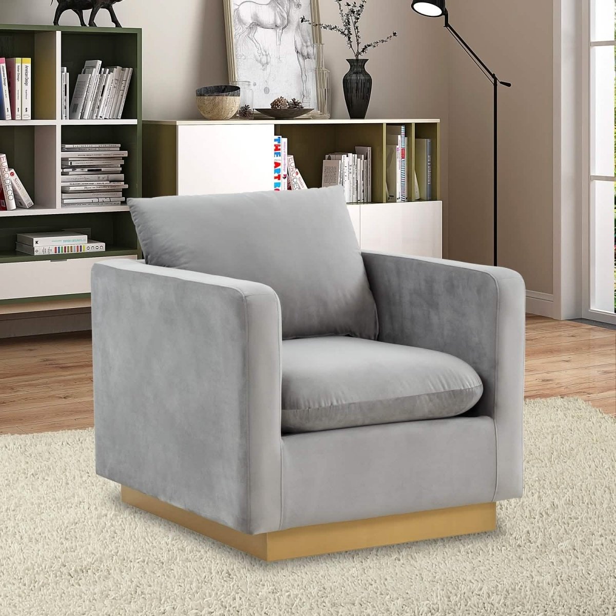 Nervo Upholstered in Velvet/Leather Singe-Seater Sofa with Gold Base Velvet Light Grey Sofa Leisuremod