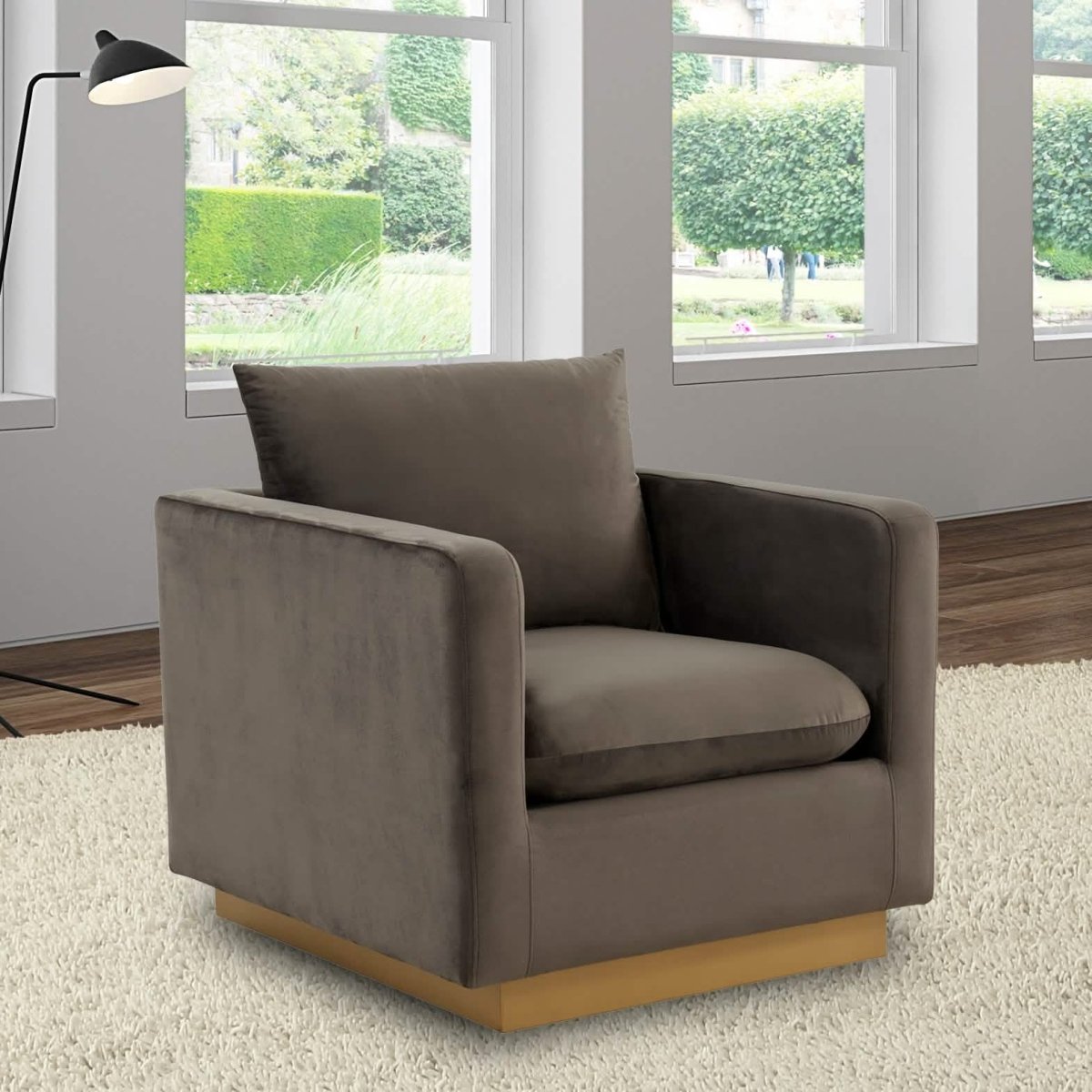 Nervo Upholstered in Velvet/Leather Singe-Seater Sofa with Gold Base Velvet Midnight Black Sofa Leisuremod