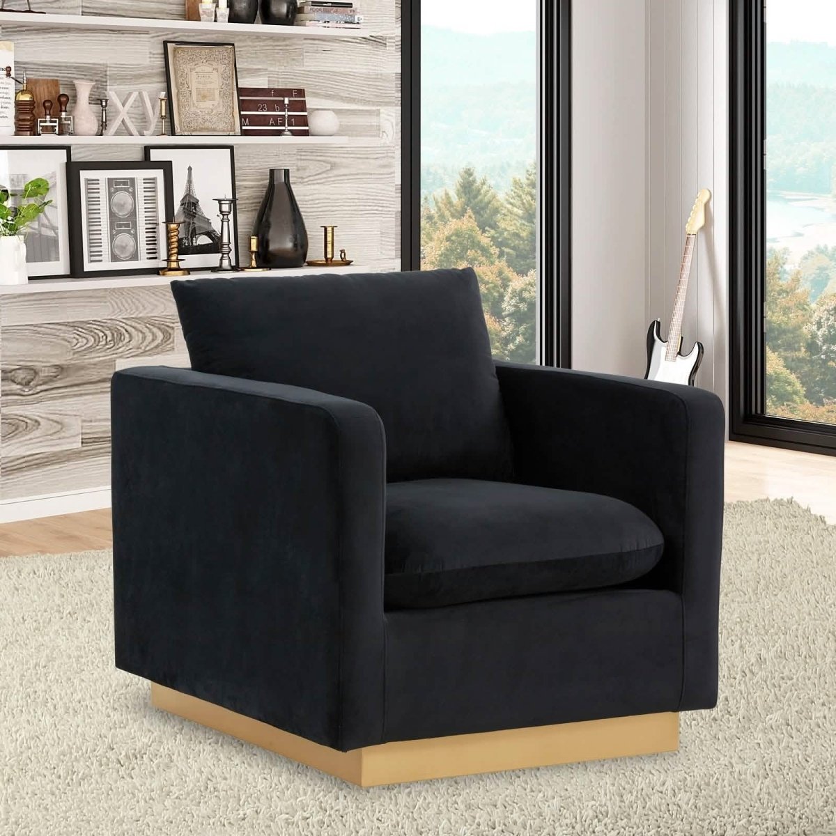 Nervo Upholstered in Velvet/Leather Singe-Seater Sofa with Gold Base Velvet Midnight Black Sofa Leisuremod
