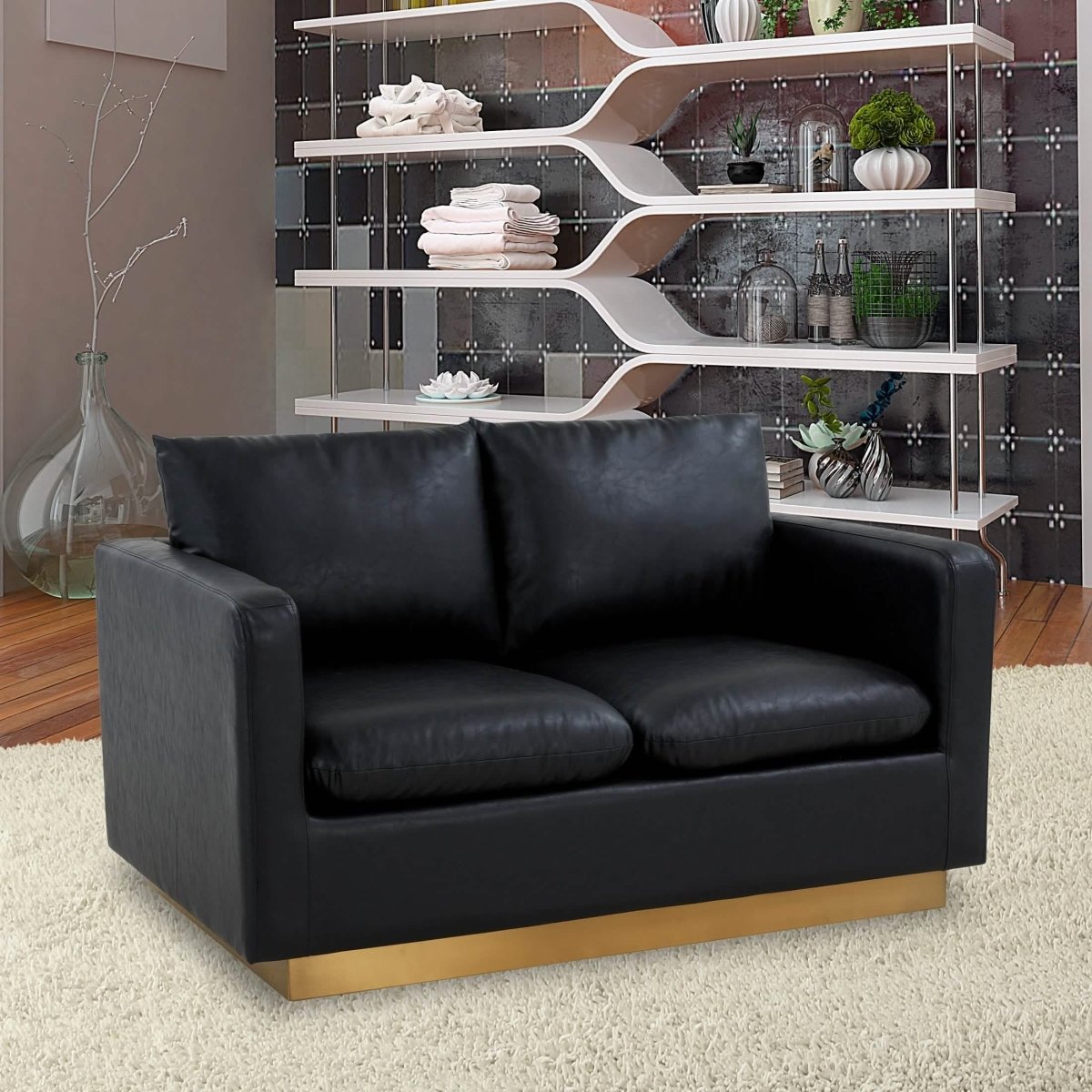 Nervo Upholstered Velvet/Leather Loveseat with Gold Stainless Steel Base Leather Black Sofa Leisuremod