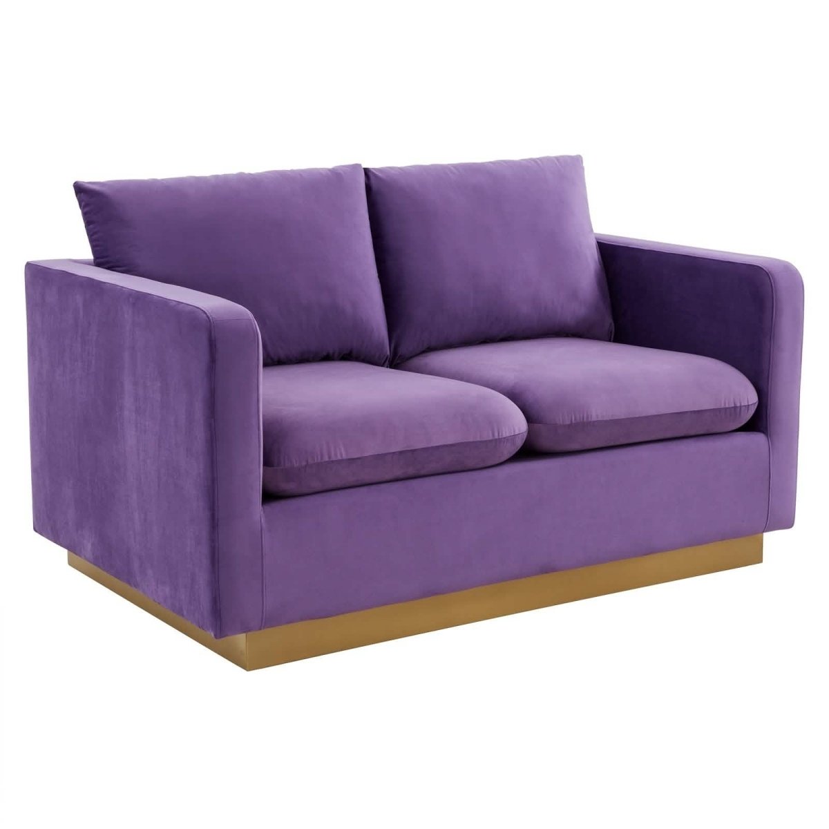 Nervo Upholstered Velvet/Leather Loveseat with Gold Stainless Steel Base Velvet Midnight Black Sofa Leisuremod
