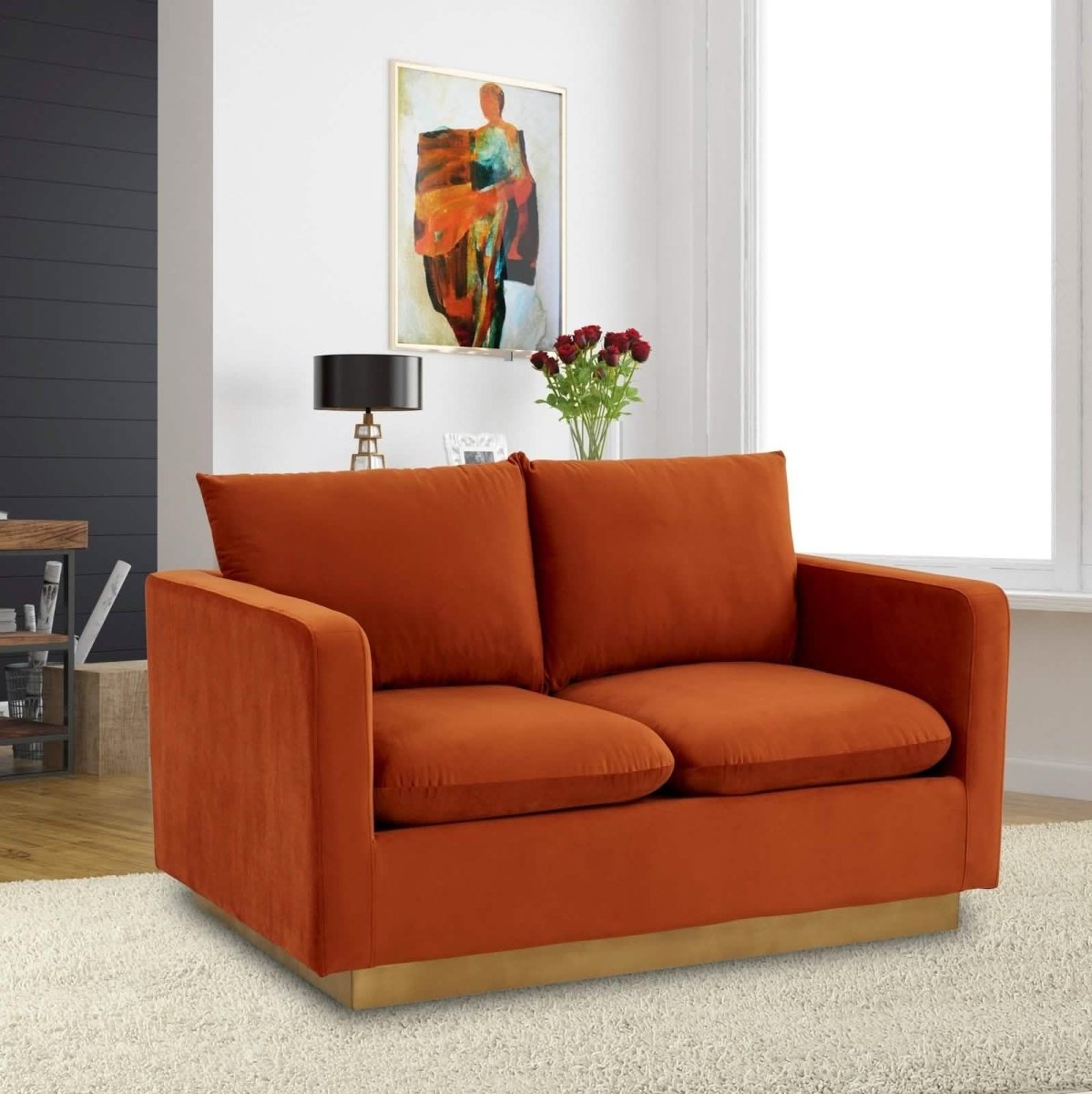Nervo Upholstered Velvet/Leather Loveseat with Gold Stainless Steel Base Velvet Midnight Black Sofa Leisuremod