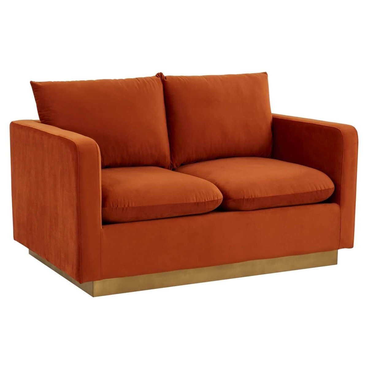 Nervo Upholstered Velvet/Leather Loveseat with Gold Stainless Steel Base Velvet Midnight Black Sofa Leisuremod
