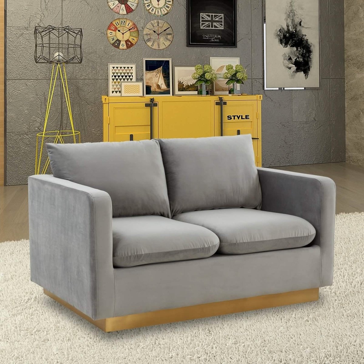 Nervo Upholstered Velvet/Leather Loveseat with Gold Stainless Steel Base Velvet Midnight Black Sofa Leisuremod
