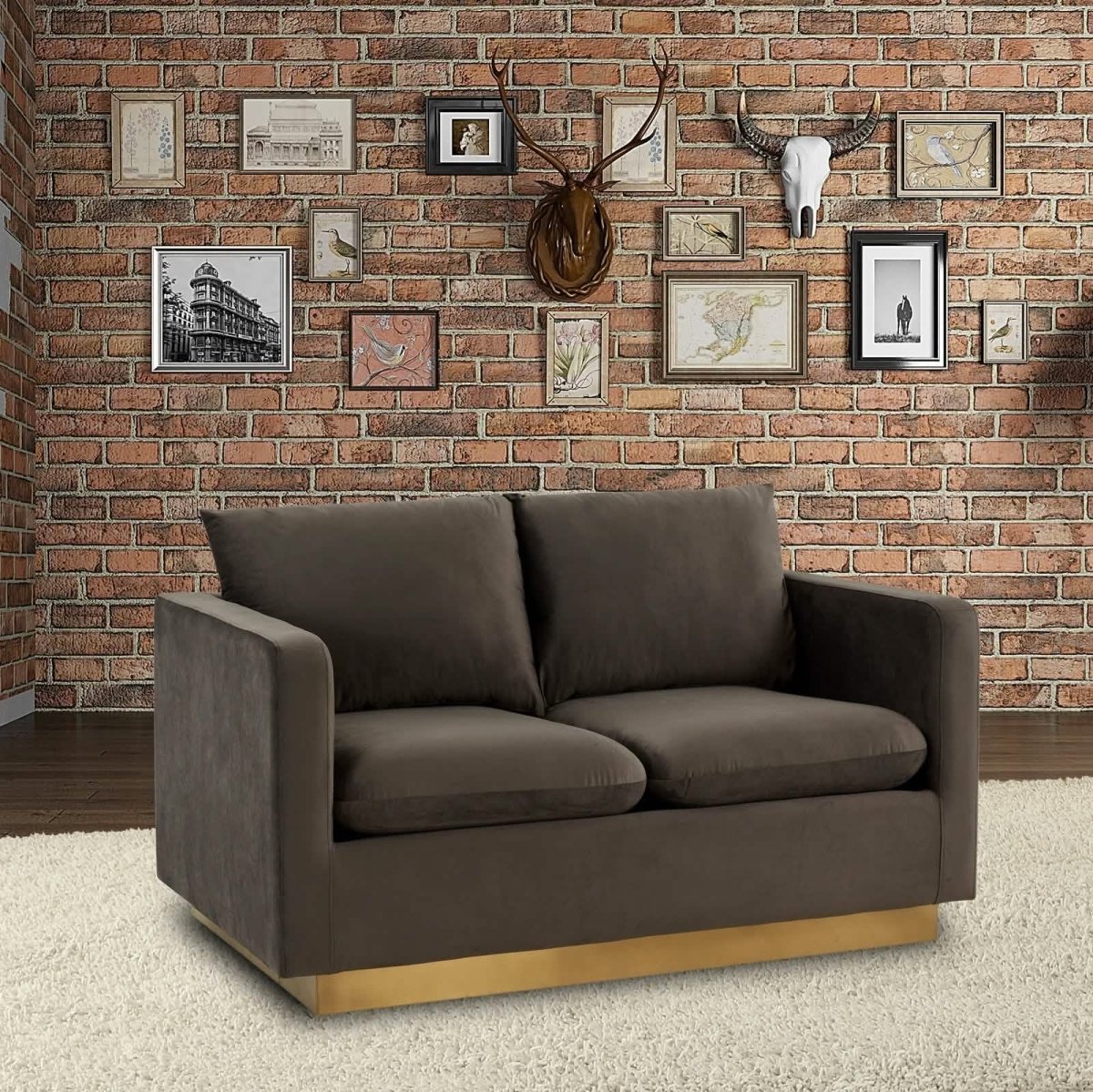 Nervo Upholstered Velvet/Leather Loveseat with Gold Stainless Steel Base Velvet Midnight Black Sofa Leisuremod
