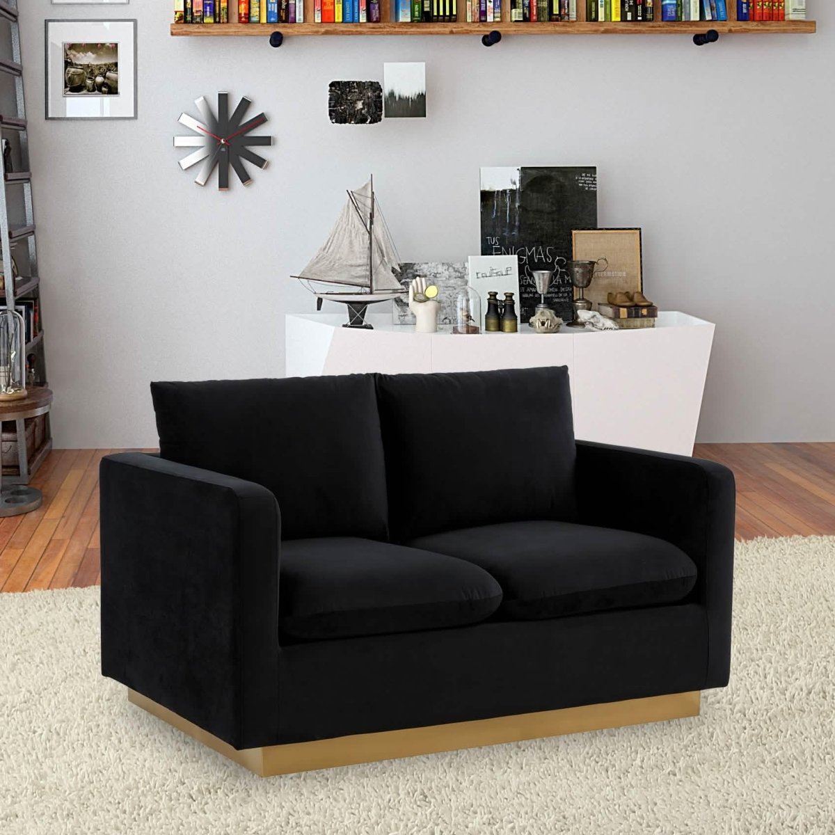 Nervo Upholstered Velvet/Leather Loveseat with Gold Stainless Steel Base Velvet Purple Sofa Leisuremod