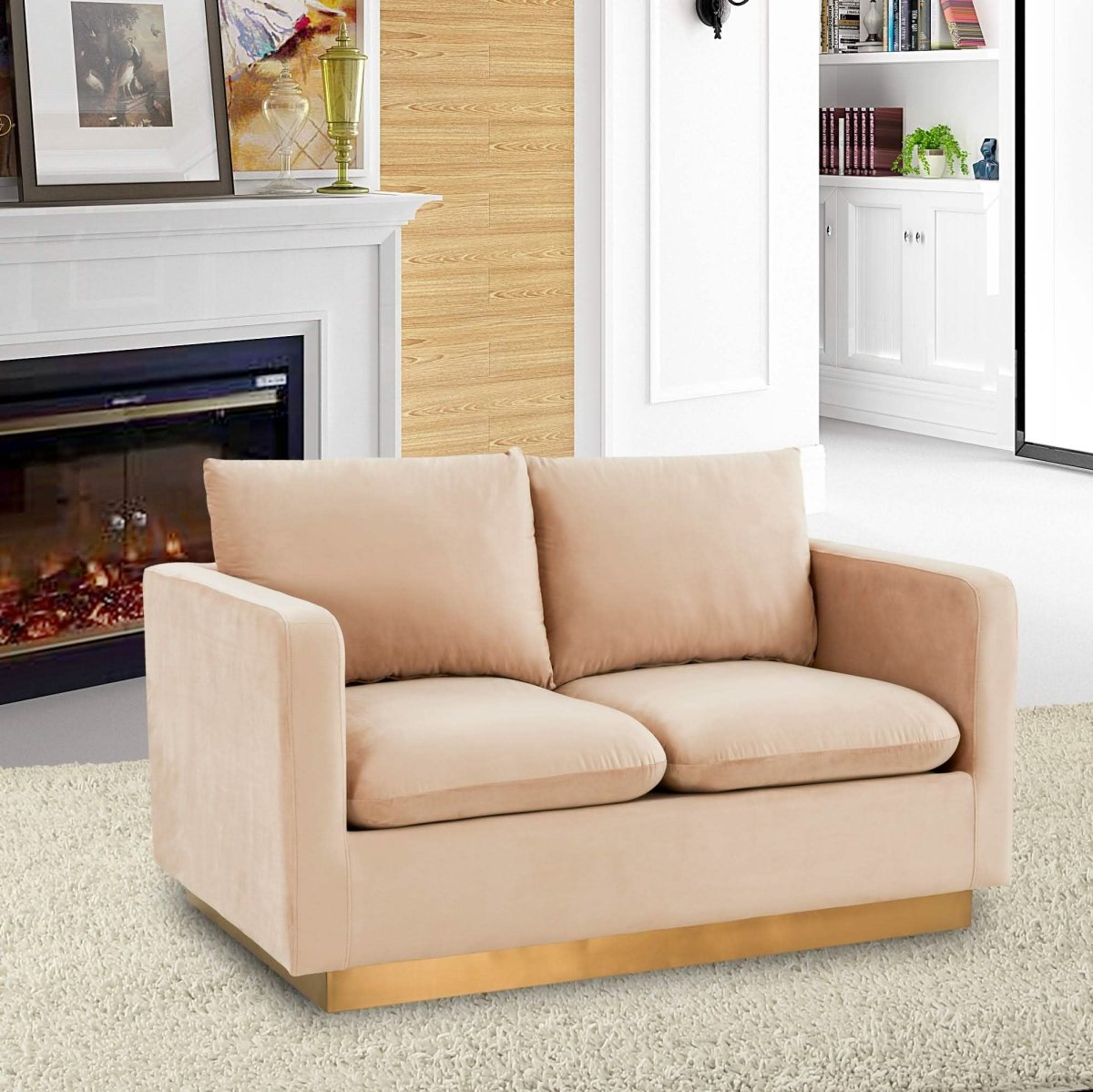 Nervo Upholstered Velvet/Leather Loveseat with Gold Stainless Steel Base Velvet Beige Sofa Leisuremod