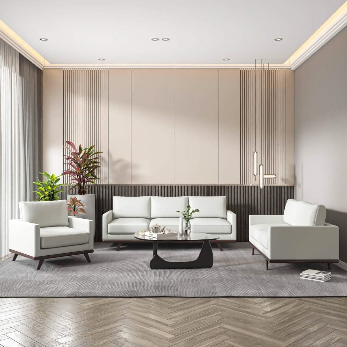 Chester 3-Piece Leather Living Room Sofa Set with Birch Wood Base White Sofa Set Leisuremod