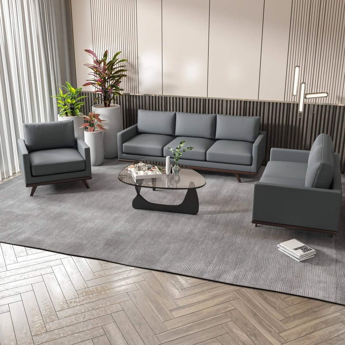 Chester 3-Piece Leather Living Room Sofa Set with Birch Wood Base Grey Sofa Set Leisuremod