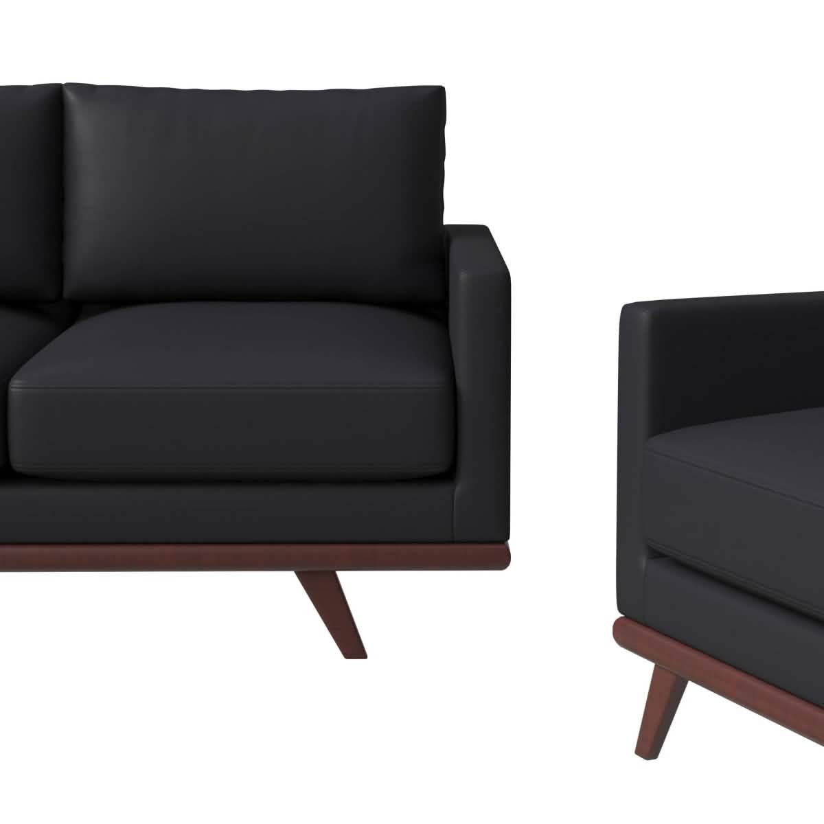 Chester 3-Piece Leather Living Room Sofa Set with Birch Wood Base Black Sofa Set Leisuremod