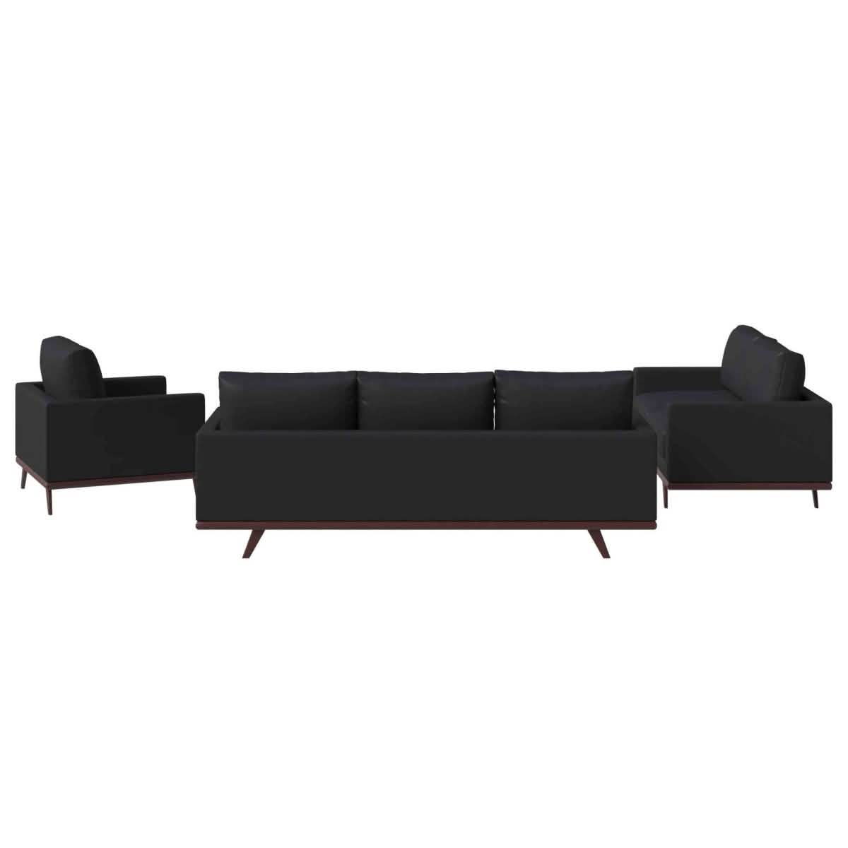 Chester 3-Piece Leather Living Room Sofa Set with Birch Wood Base Black Sofa Set Leisuremod