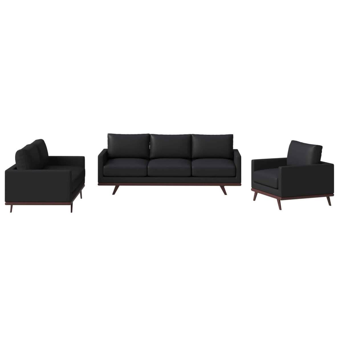 Chester 3-Piece Leather Living Room Sofa Set with Birch Wood Base Black Sofa Set Leisuremod