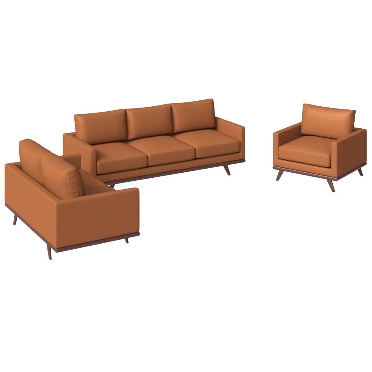 Chester 3-Piece Leather Living Room Sofa Set with Birch Wood Base Cognac Tan Sofa Set Leisuremod
