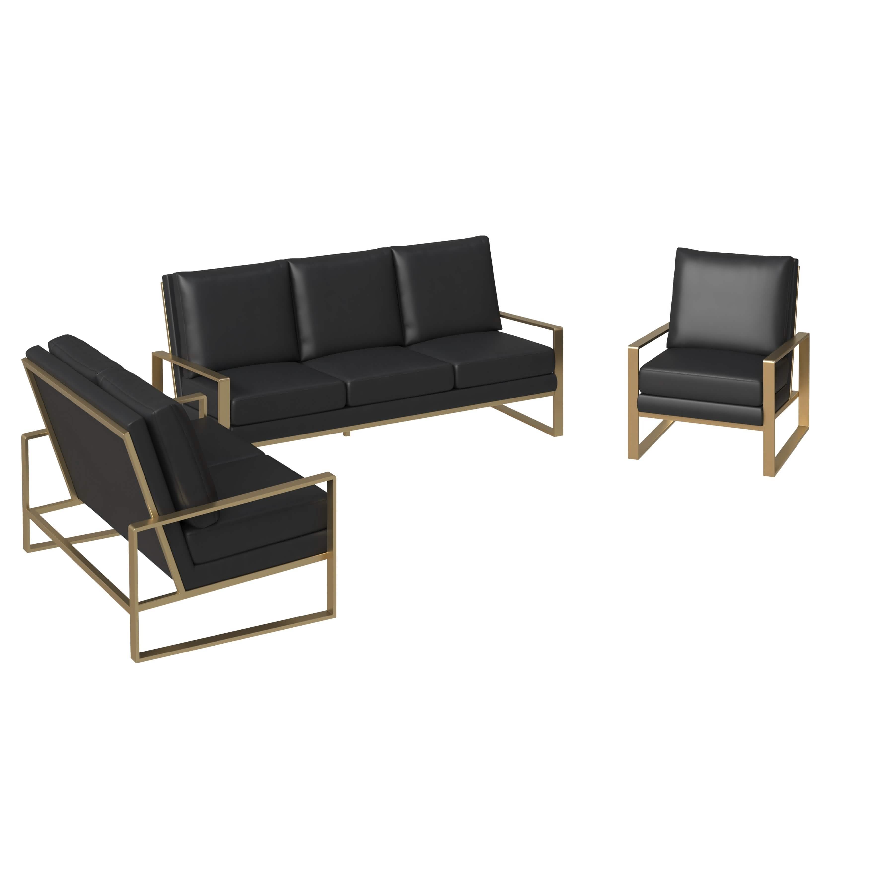 Leisuremod Sofa Set Gold / Leather / Black Jefferson 3-Piece Leather Sofa Set with Silver/Gold Stainless Steel Base Accent Chair and Loveseat