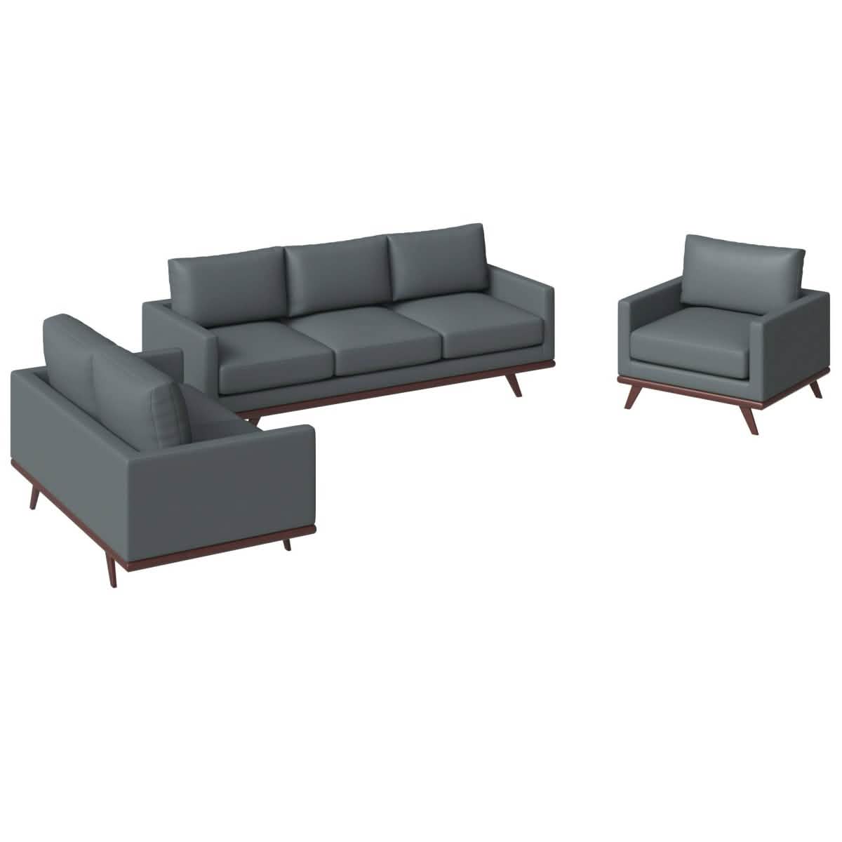 Chester 3-Piece Leather Living Room Sofa Set with Birch Wood Base Grey Sofa Set Leisuremod