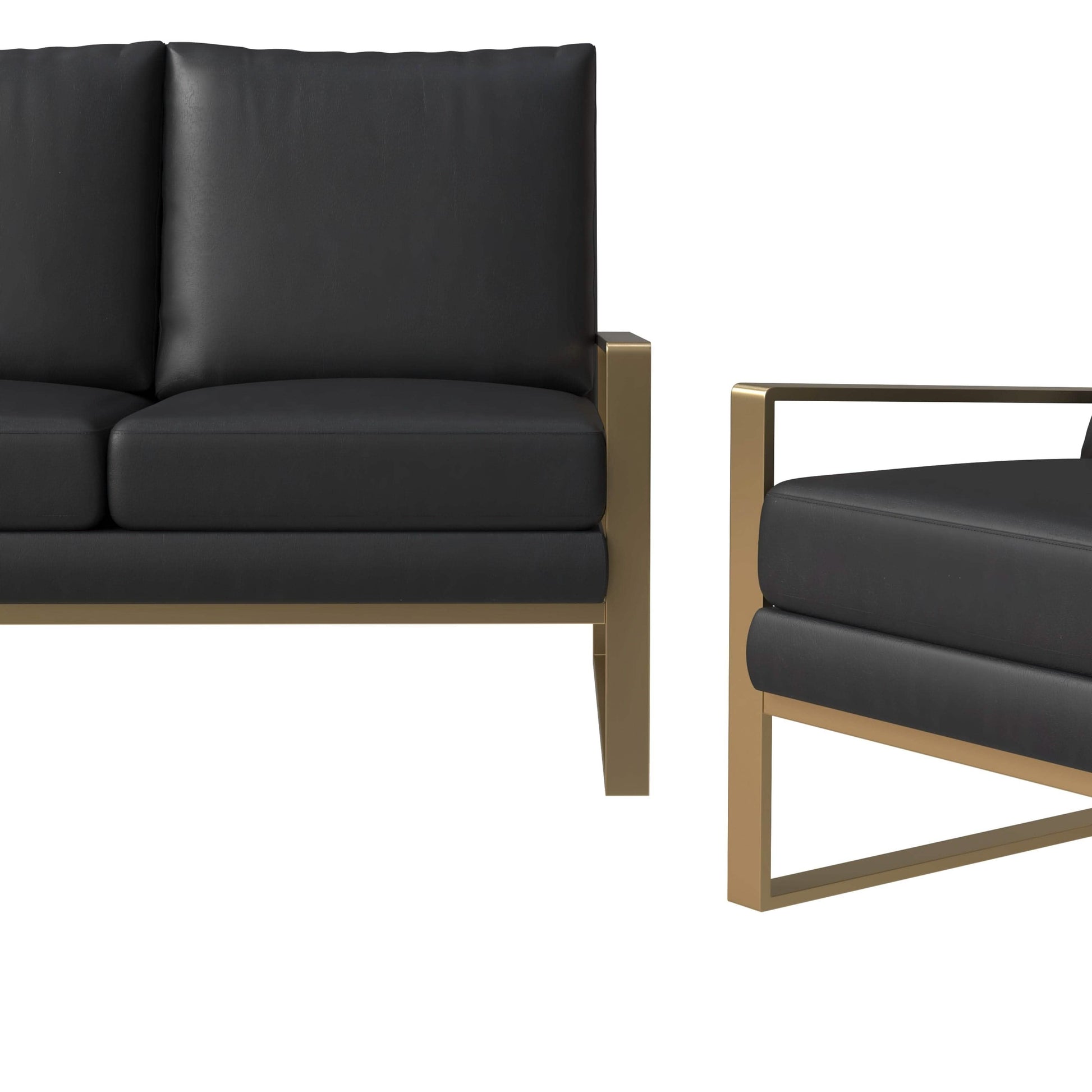 Leisuremod Sofa Set Jefferson 3-Piece Leather Sofa Set with Silver/Gold Stainless Steel Base Accent Chair and Loveseat