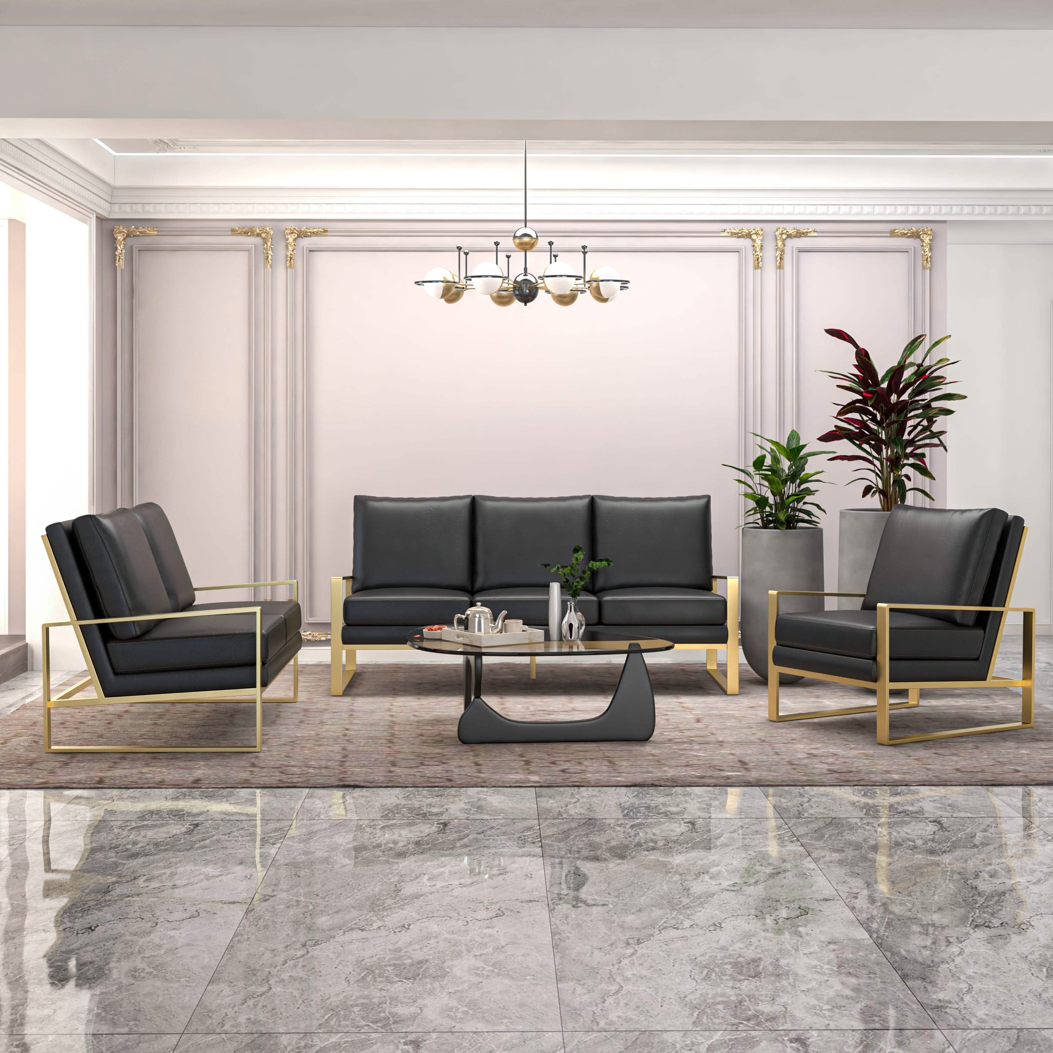 Leisuremod Sofa Set Jefferson 3-Piece Leather Sofa Set with Silver/Gold Stainless Steel Base Accent Chair and Loveseat