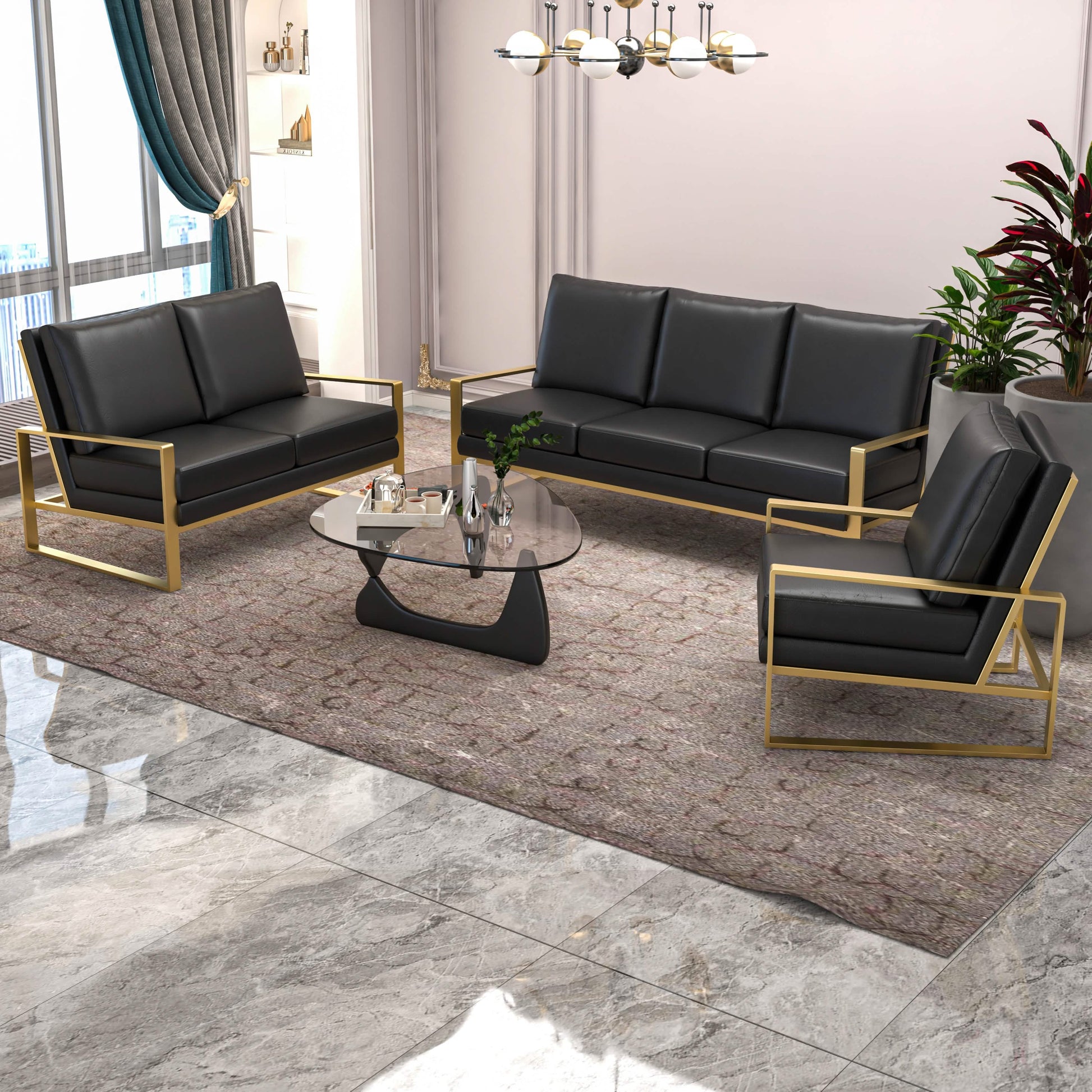 Leisuremod Sofa Set Jefferson 3-Piece Leather Sofa Set with Silver/Gold Stainless Steel Base Accent Chair and Loveseat