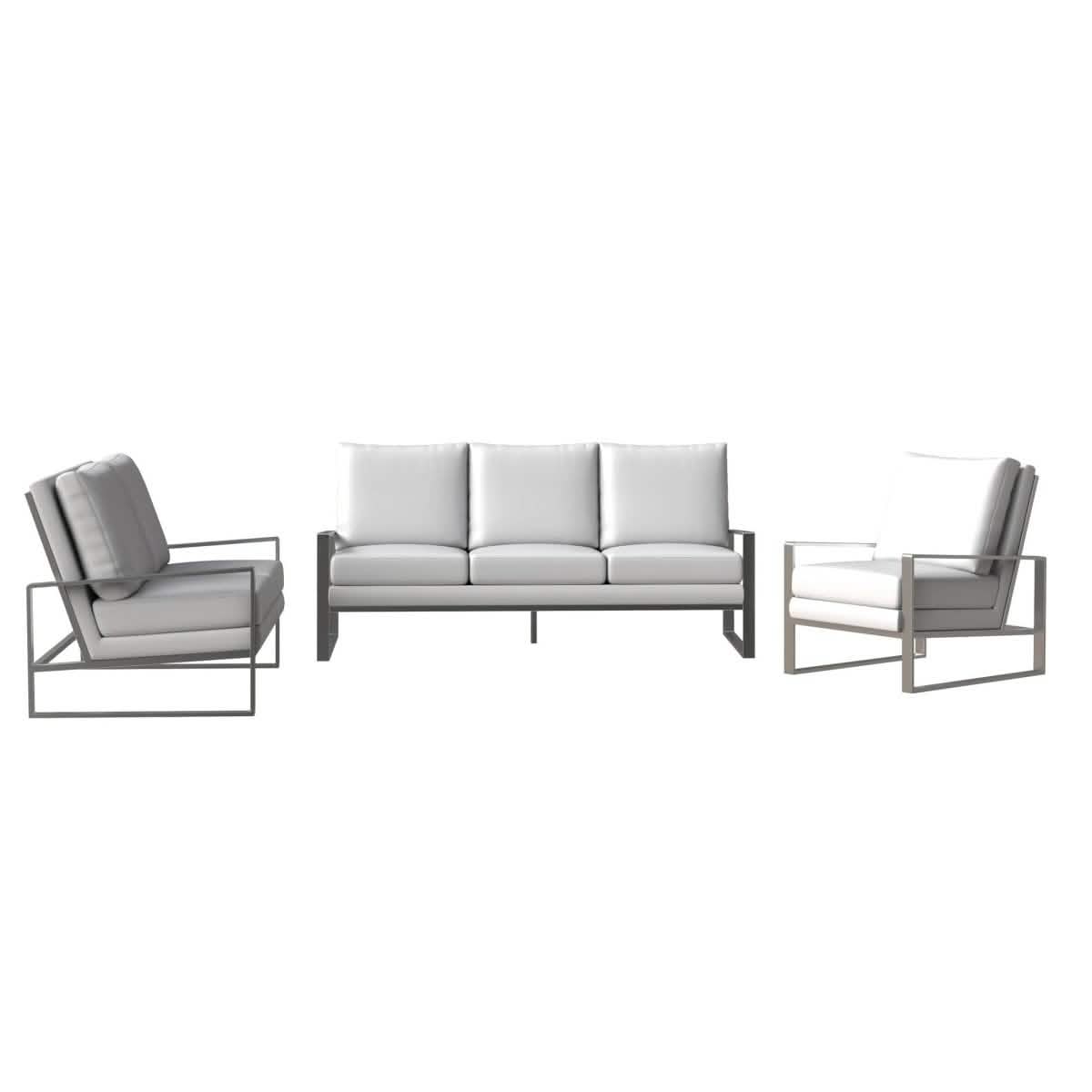 Jefferson 3-Piece Leather Sofa Set with Silver/Gold Stainless Steel Base Accent Chair and Loveseat Sofa Set Leisuremod