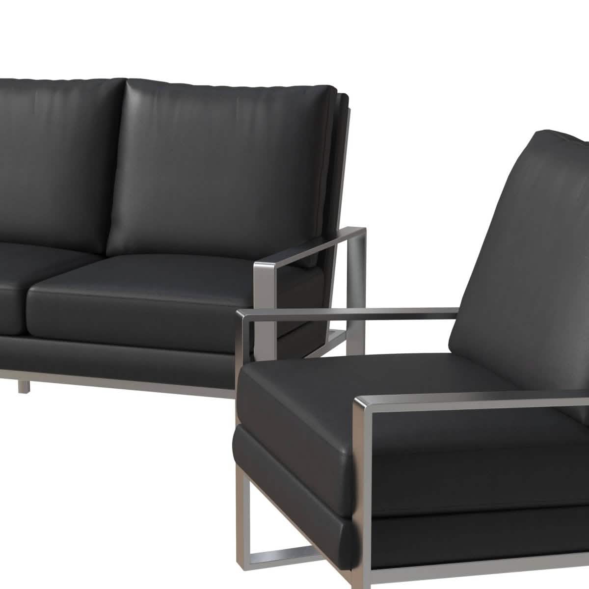 Jefferson 3-Piece Leather Sofa Set with Silver/Gold Stainless Steel Base Accent Chair and Loveseat Sofa Set Leisuremod