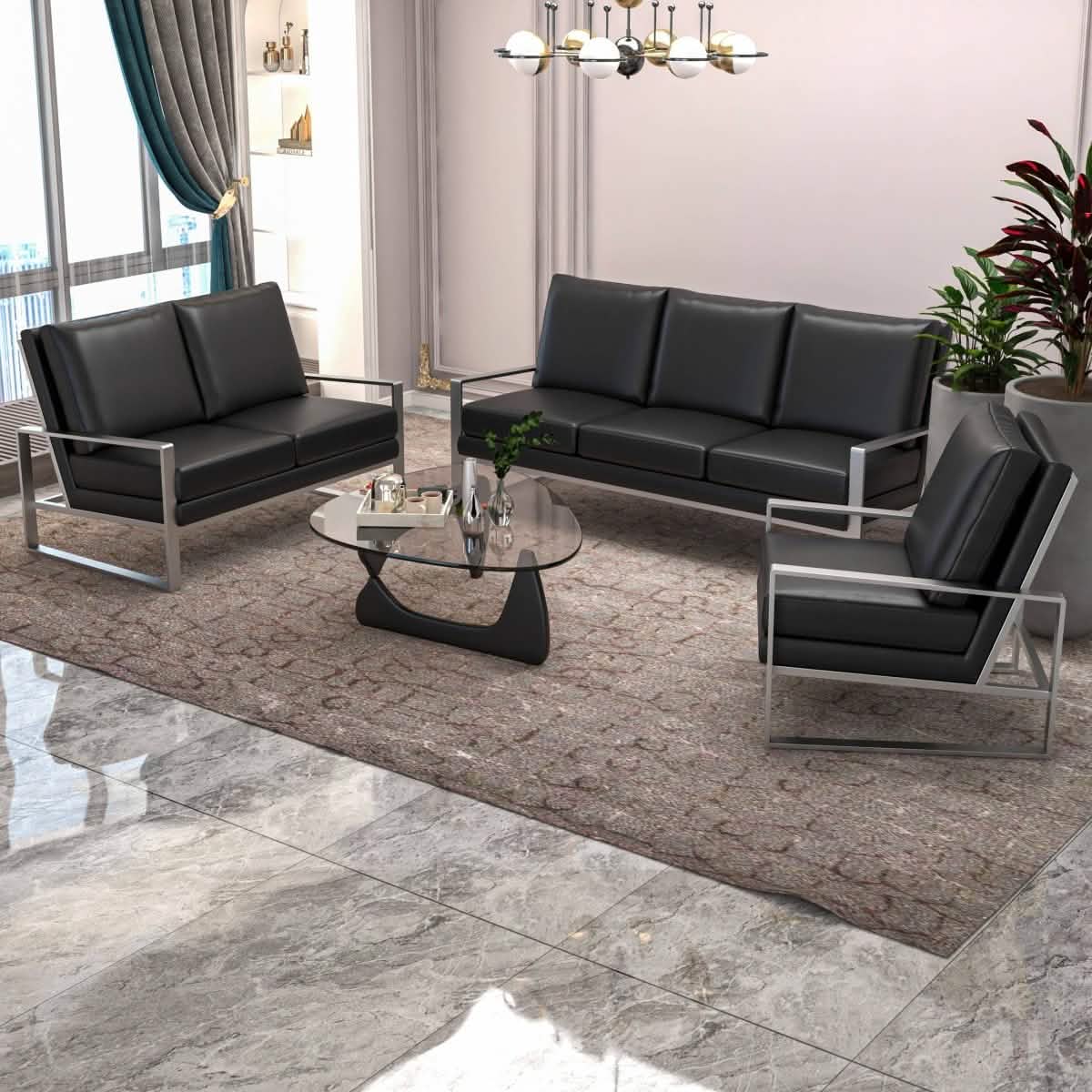 Jefferson 3-Piece Leather Sofa Set with Silver/Gold Stainless Steel Base Accent Chair and Loveseat Sofa Set Leisuremod