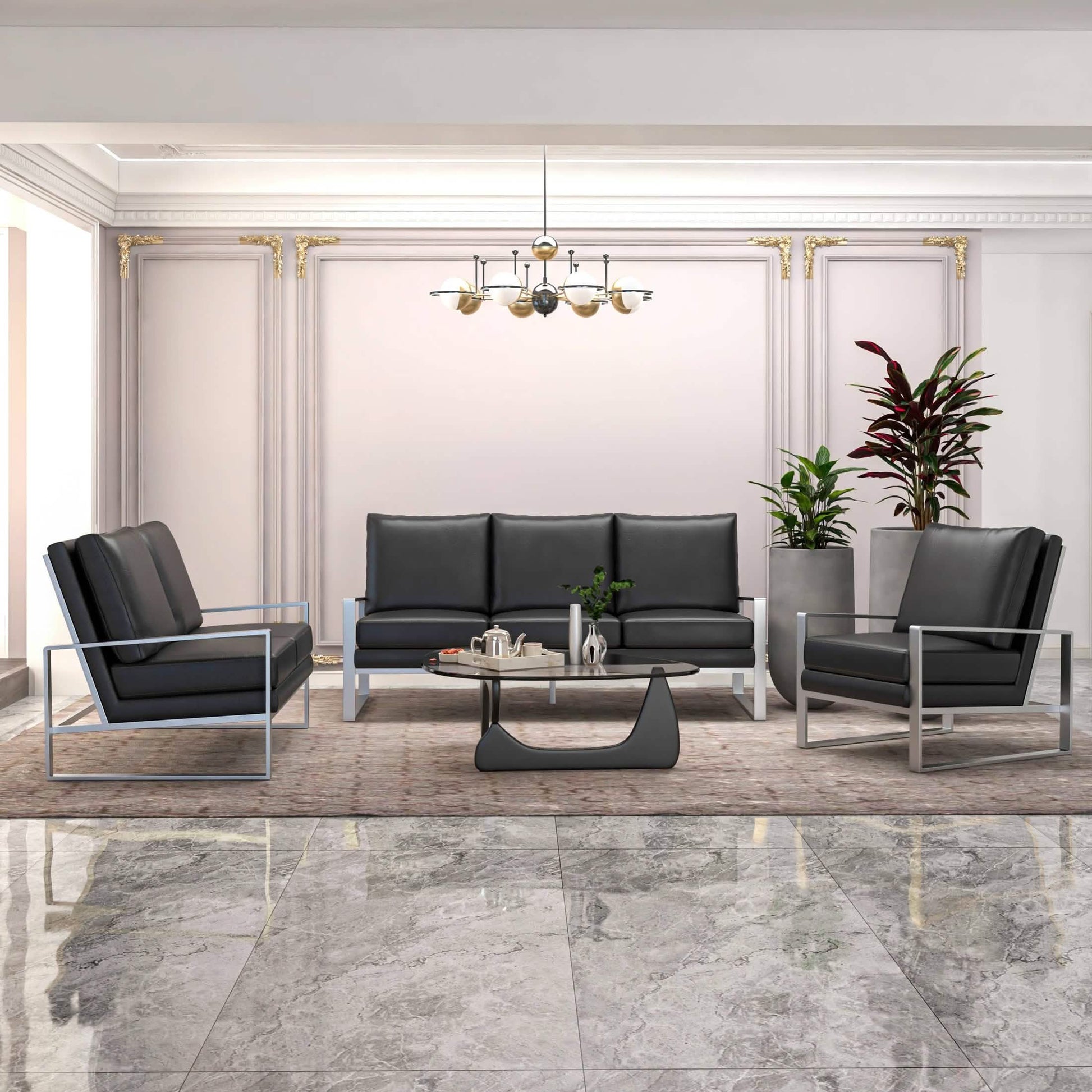 Jefferson 3-Piece Leather Sofa Set with Silver/Gold Stainless Steel Base Accent Chair and Loveseat Sofa Set Leisuremod