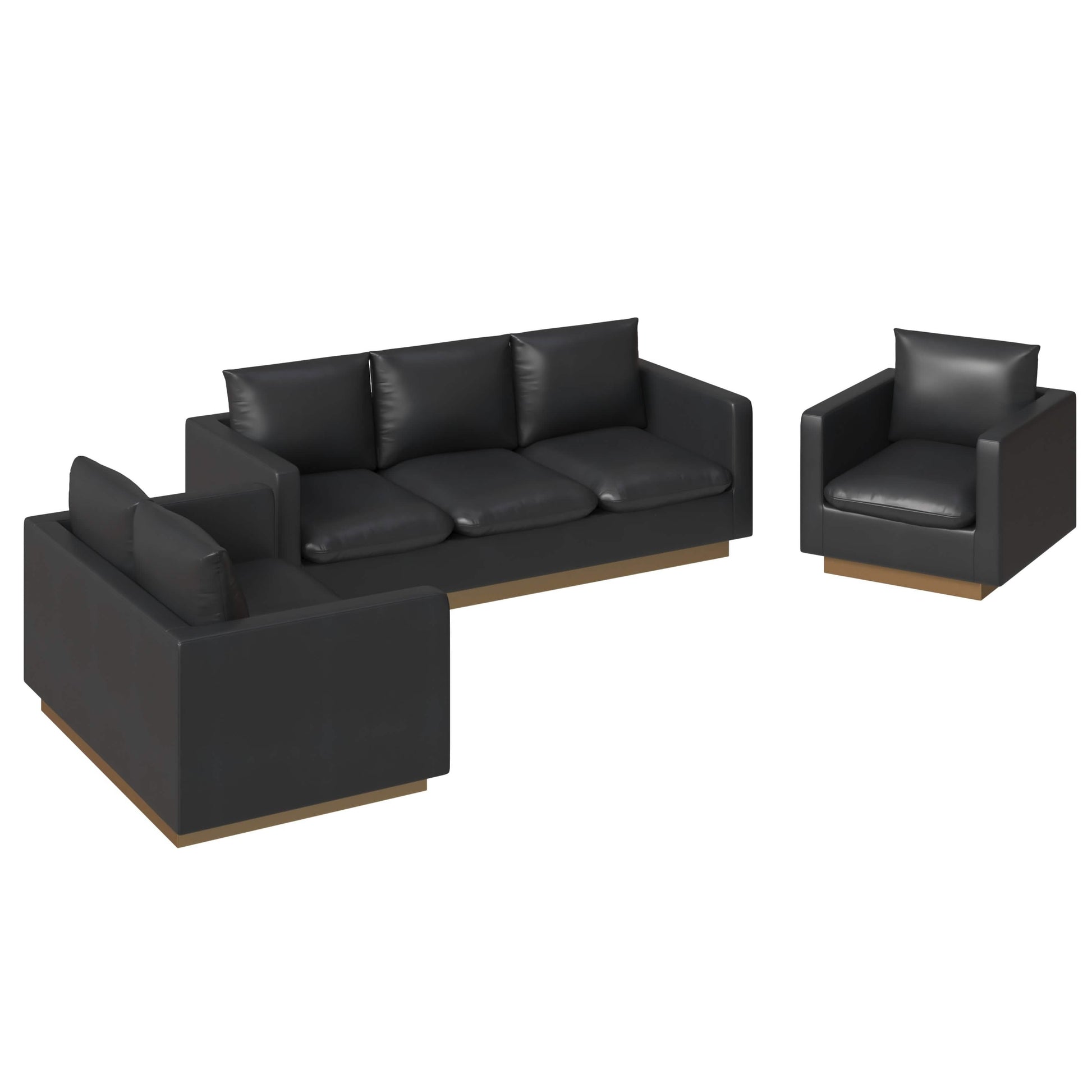 Leisuremod Sofa Set Leather / Black Nervo Velvet/Leather 3-Piece Living Room Sofa Set With Gold Frame and Removable Cushions
