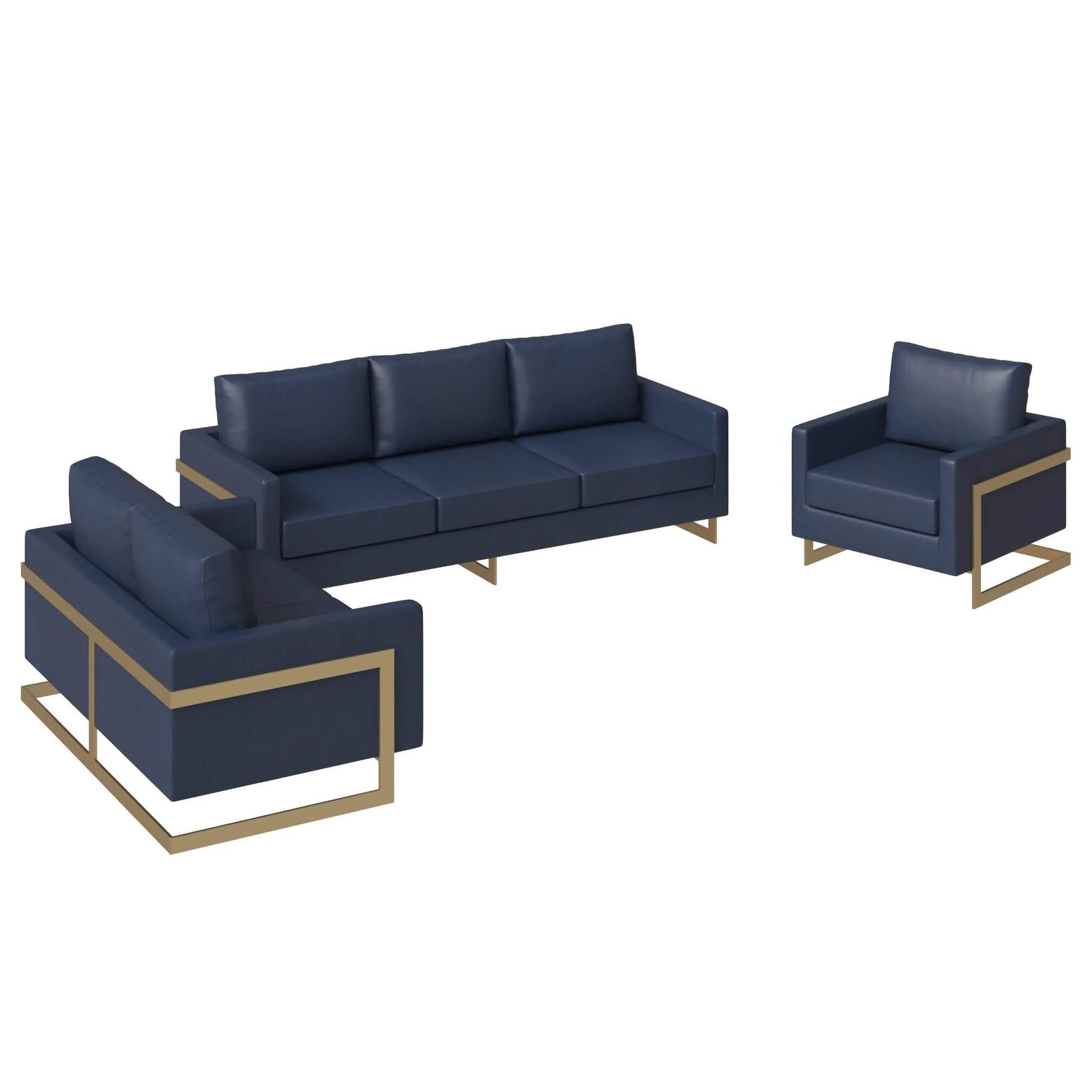 Lincoln 3-Piece Sofa Set Upholstered in Leather/Velvet Accent Chair with Gold Stainless Steel Frame Leather Navy Blue Sofa Set Leisuremod