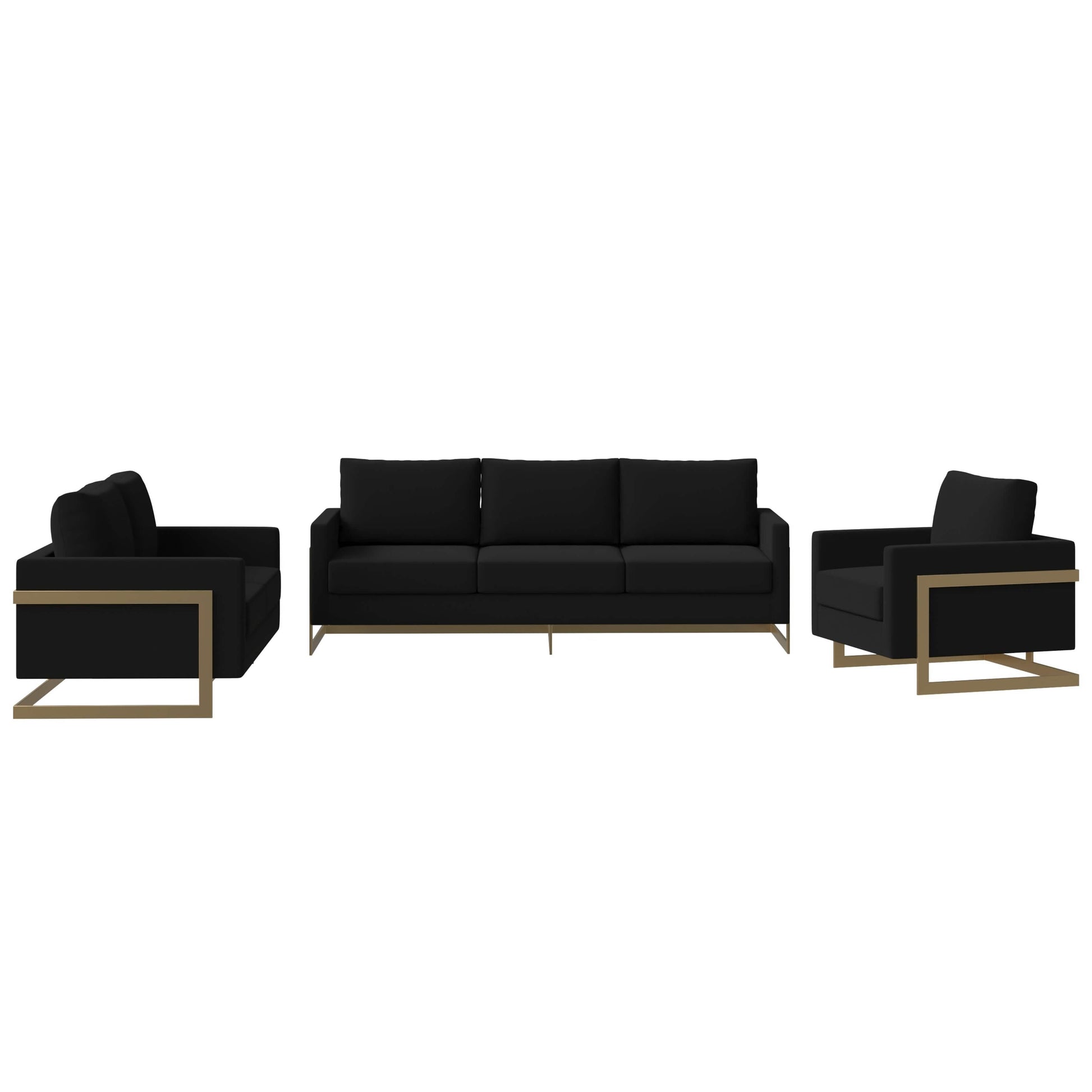 Leisuremod Sofa Set Lincoln 3-Piece Sofa Set Upholstered in Leather/Velvet Accent Chair with Gold Stainless Steel Frame