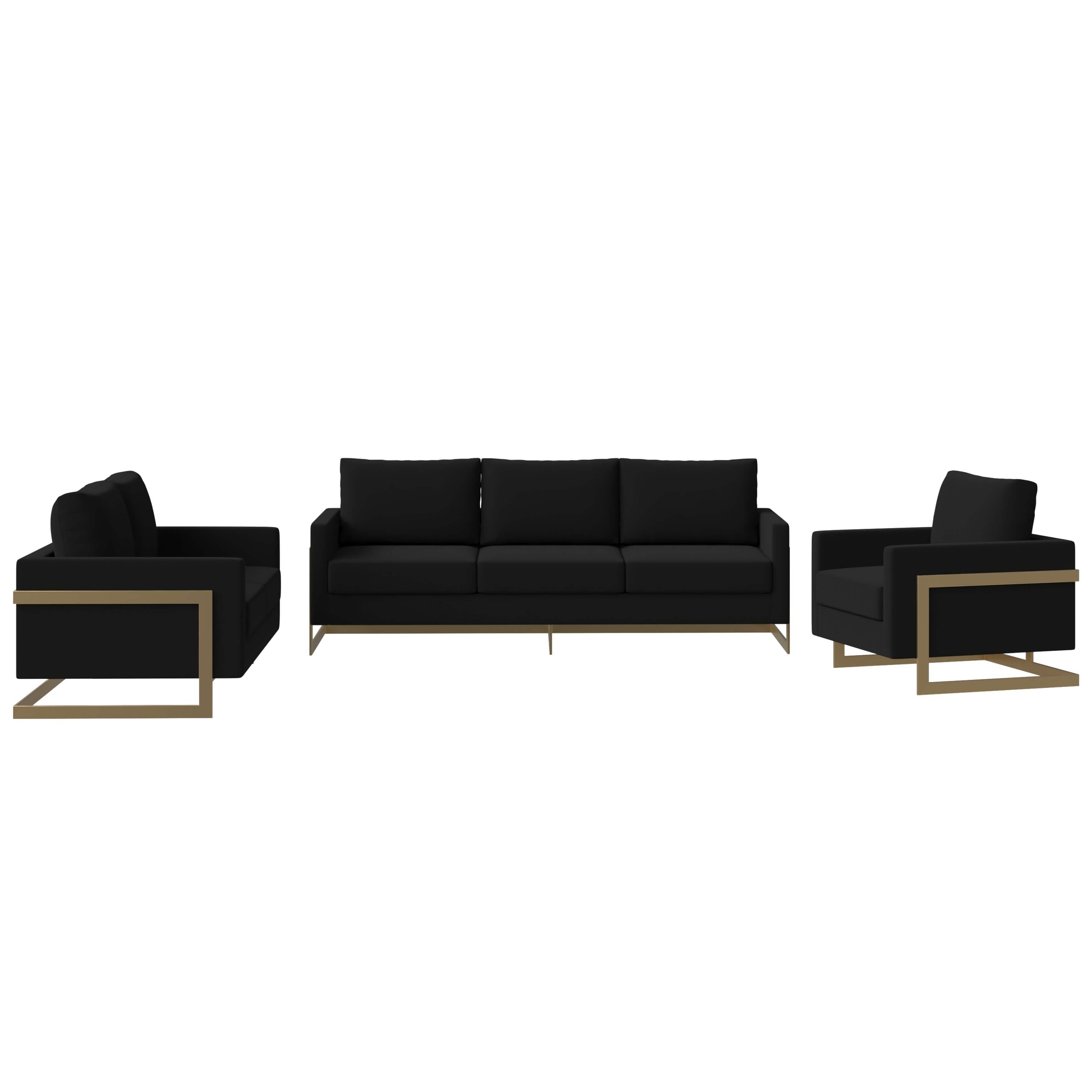 Leisuremod Sofa Set Lincoln 3-Piece Sofa Set Upholstered in Leather/Velvet Accent Chair with Gold Stainless Steel Frame