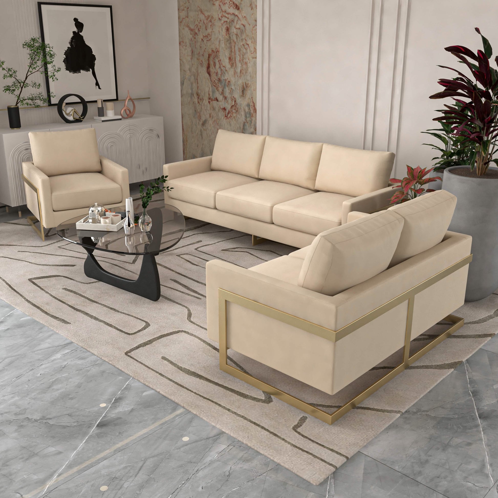 Leisuremod Sofa Set Lincoln 3-Piece Sofa Set Upholstered in Leather/Velvet Accent Chair with Gold Stainless Steel Frame