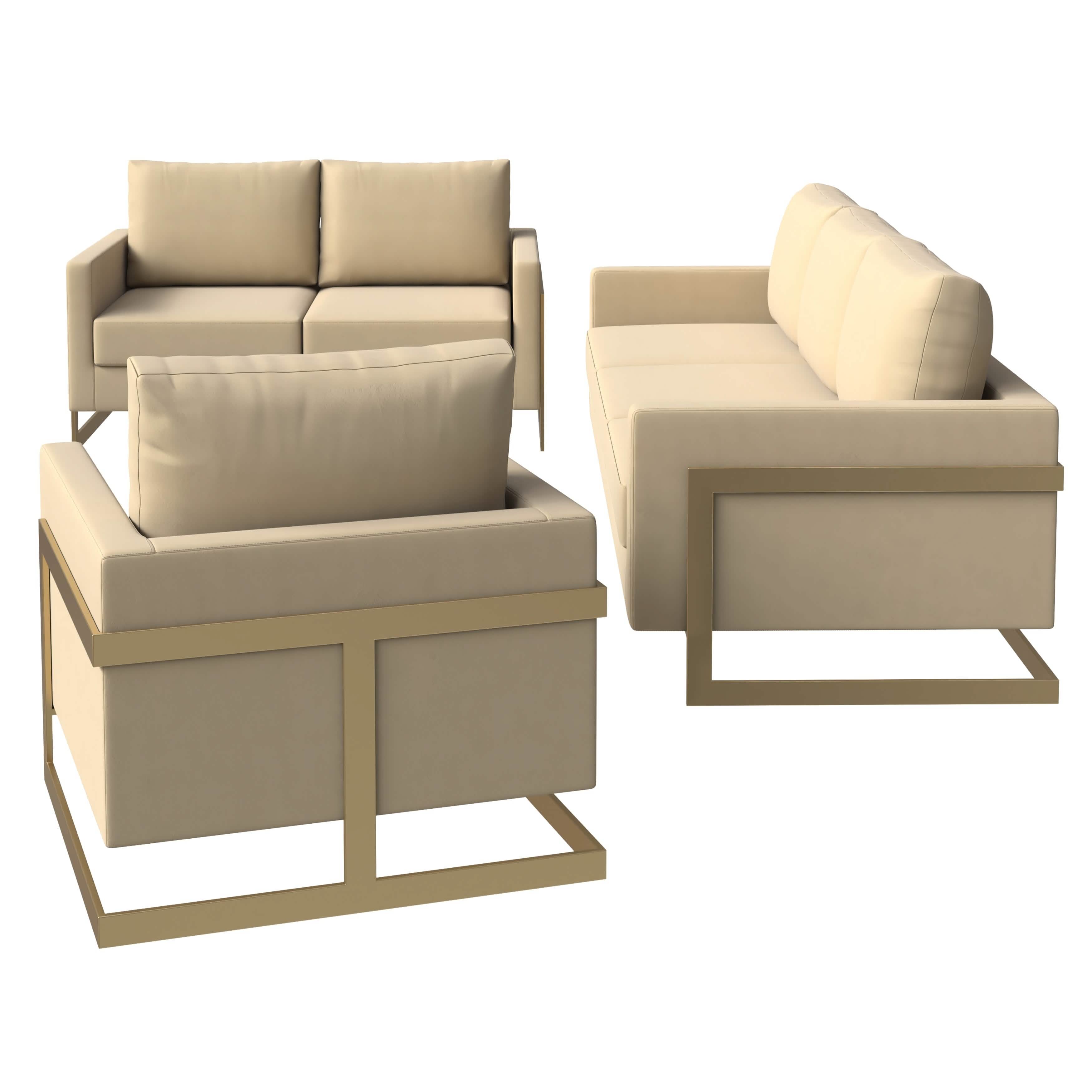 Leisuremod Sofa Set Lincoln 3-Piece Sofa Set Upholstered in Leather/Velvet Accent Chair with Gold Stainless Steel Frame