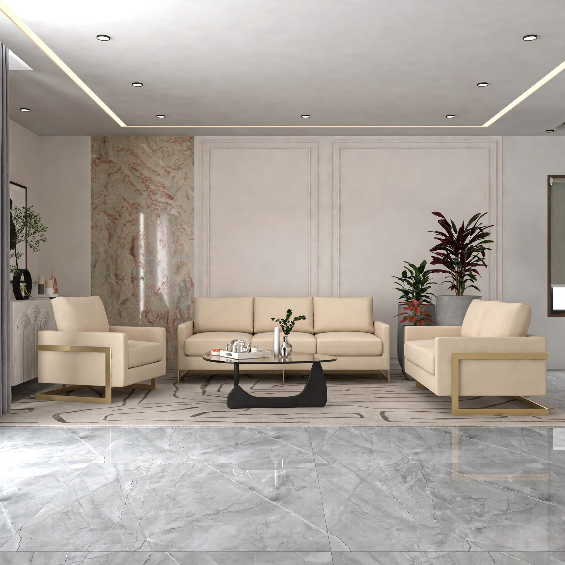 Leisuremod Sofa Set Lincoln 3-Piece Sofa Set Upholstered in Leather/Velvet Accent Chair with Gold Stainless Steel Frame