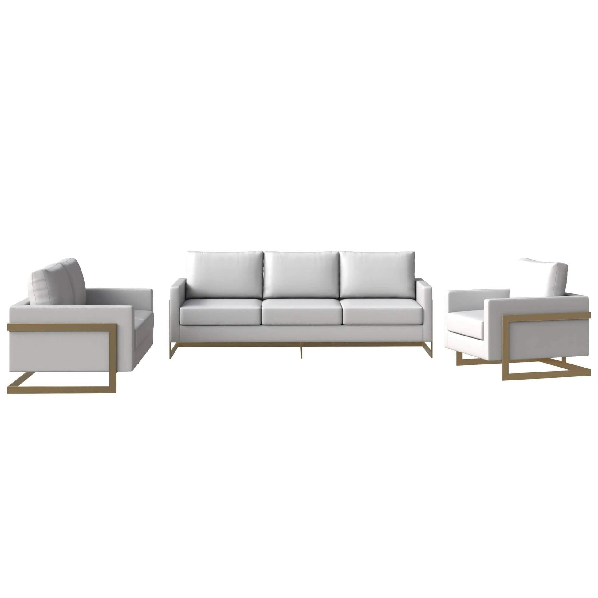 Lincoln 3-Piece Sofa Set Upholstered in Leather/Velvet Accent Chair with Gold Stainless Steel Frame Leather White Sofa Set Leisuremod